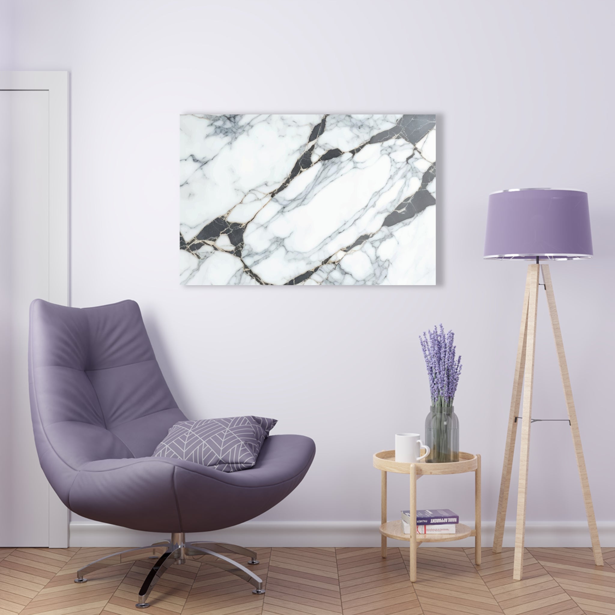 Tempered glass wall art, white marble with gray and gold lines