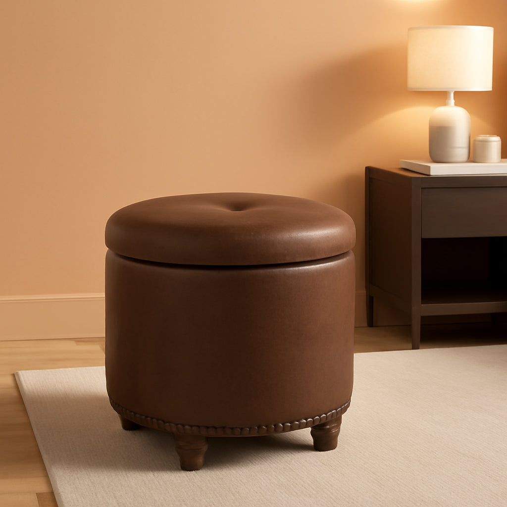 Round Storage Ottoman With Nailhead-Trim Brown Faux Leather
