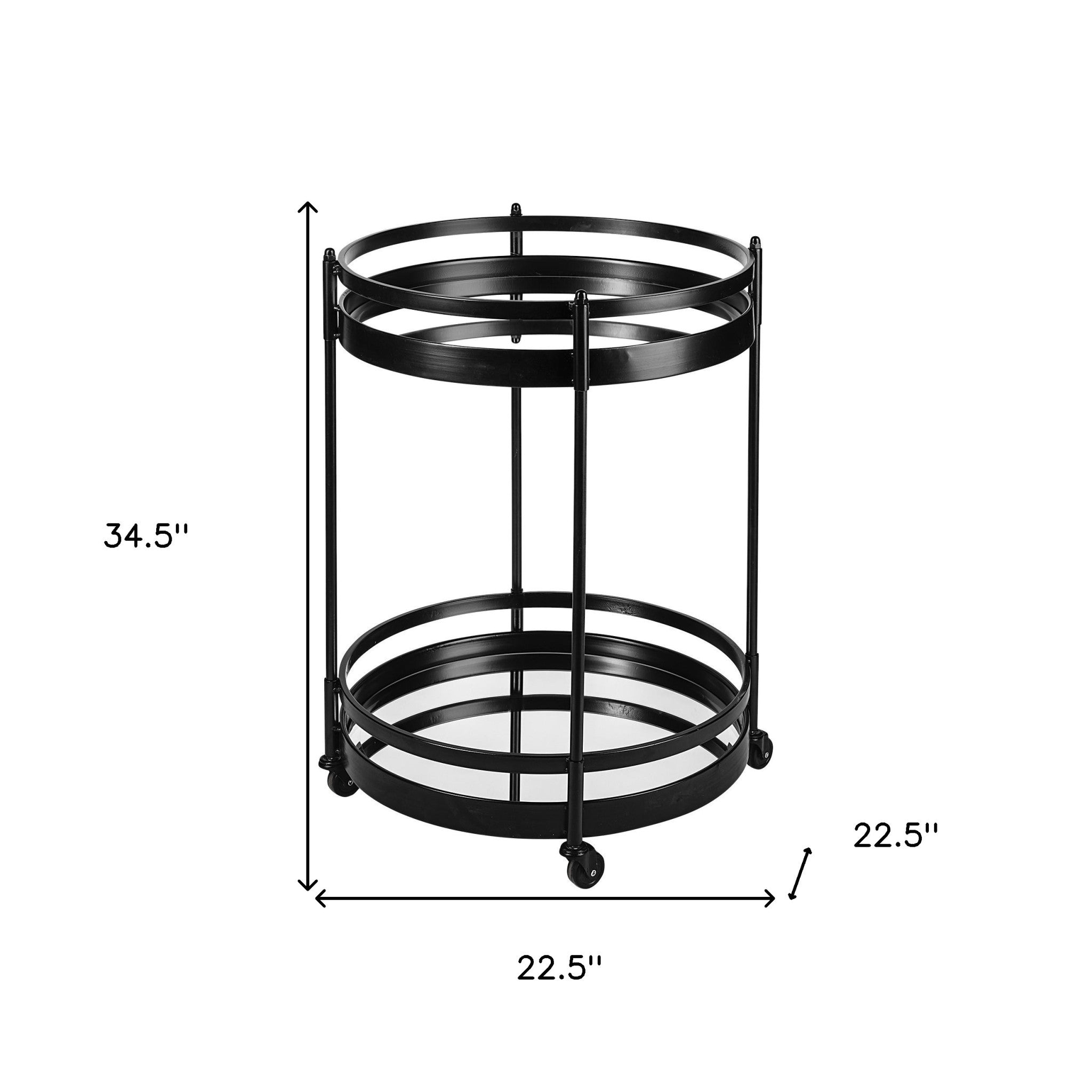 22" Black Metal With Two Mirror Glass Botton Shelves Bar Cart-6