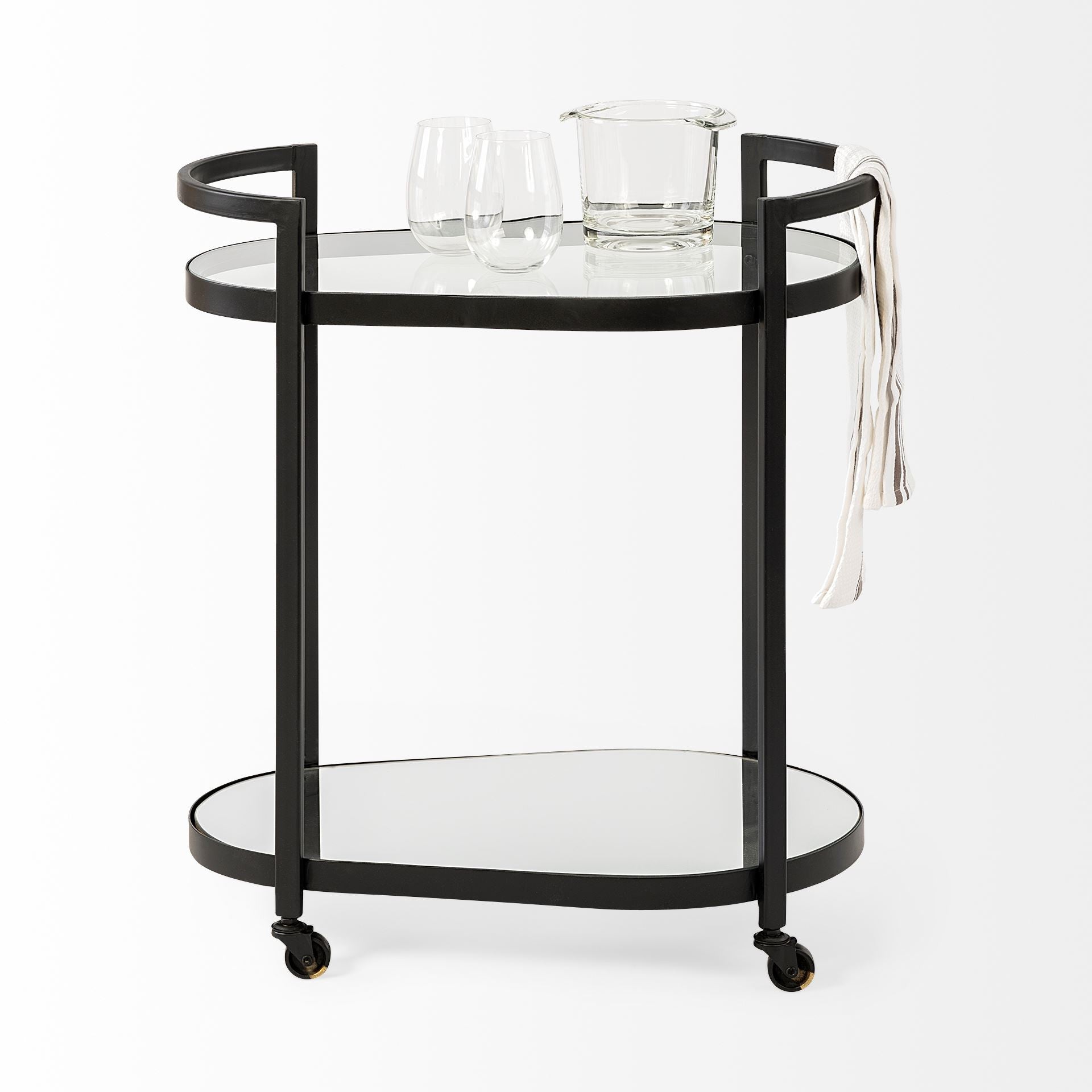 Cyclider Black Metal With Two Mirror Glass Shelves Bar Cart-4