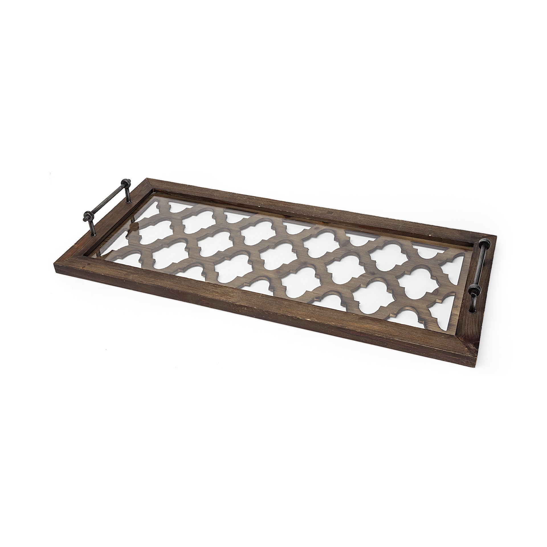 Medium Brown Wood With Metal Quatrefoil Pattern Glass Bottom Tray-0