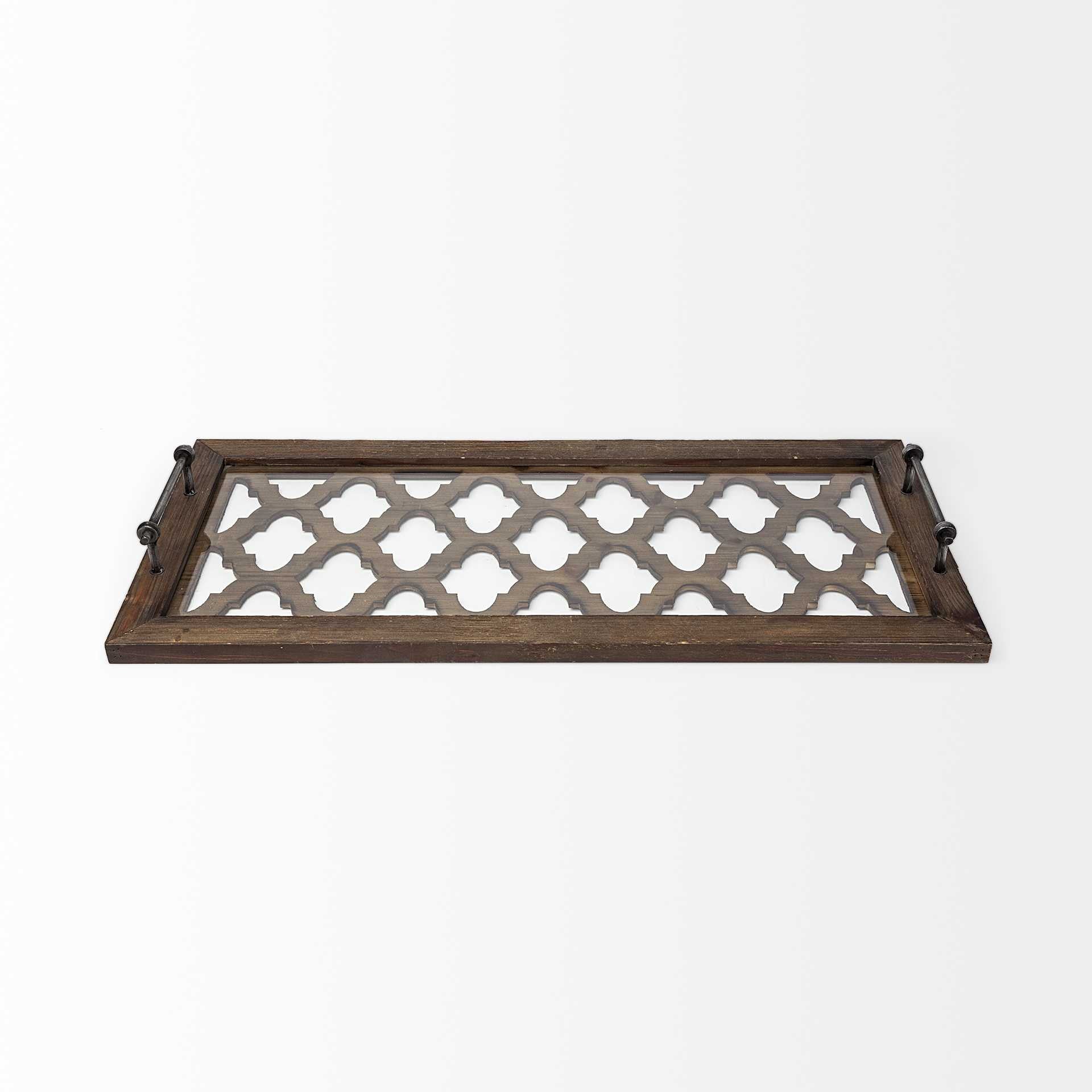 Medium Brown Wood With Metal Quatrefoil Pattern Glass Bottom Tray-1