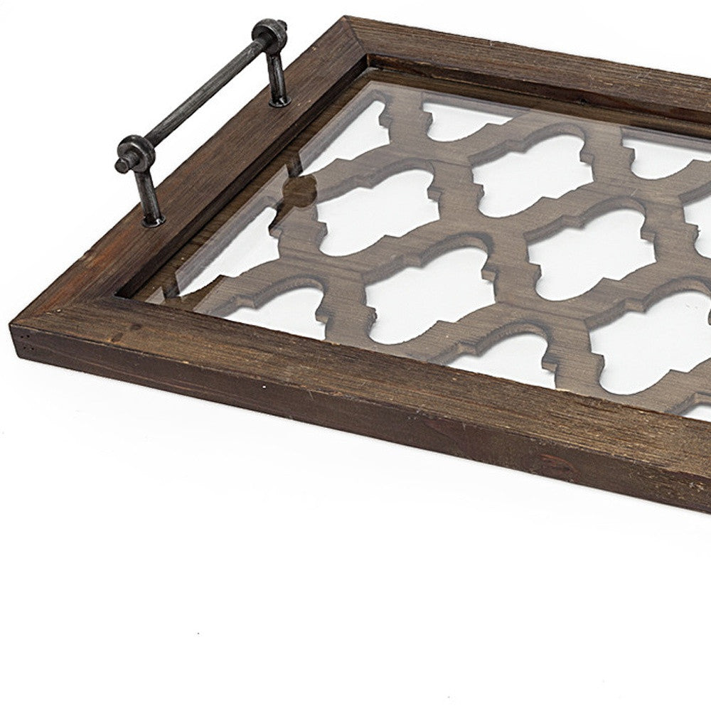 Medium Brown Wood With Metal Quatrefoil Pattern Glass Bottom Tray-6