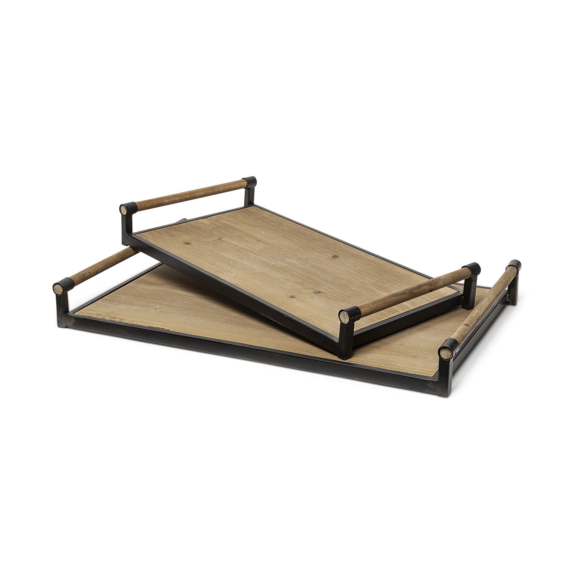 Set Of 2 Light Brown Wood With Matte Black Metal Frame And Two Handles Trays-0