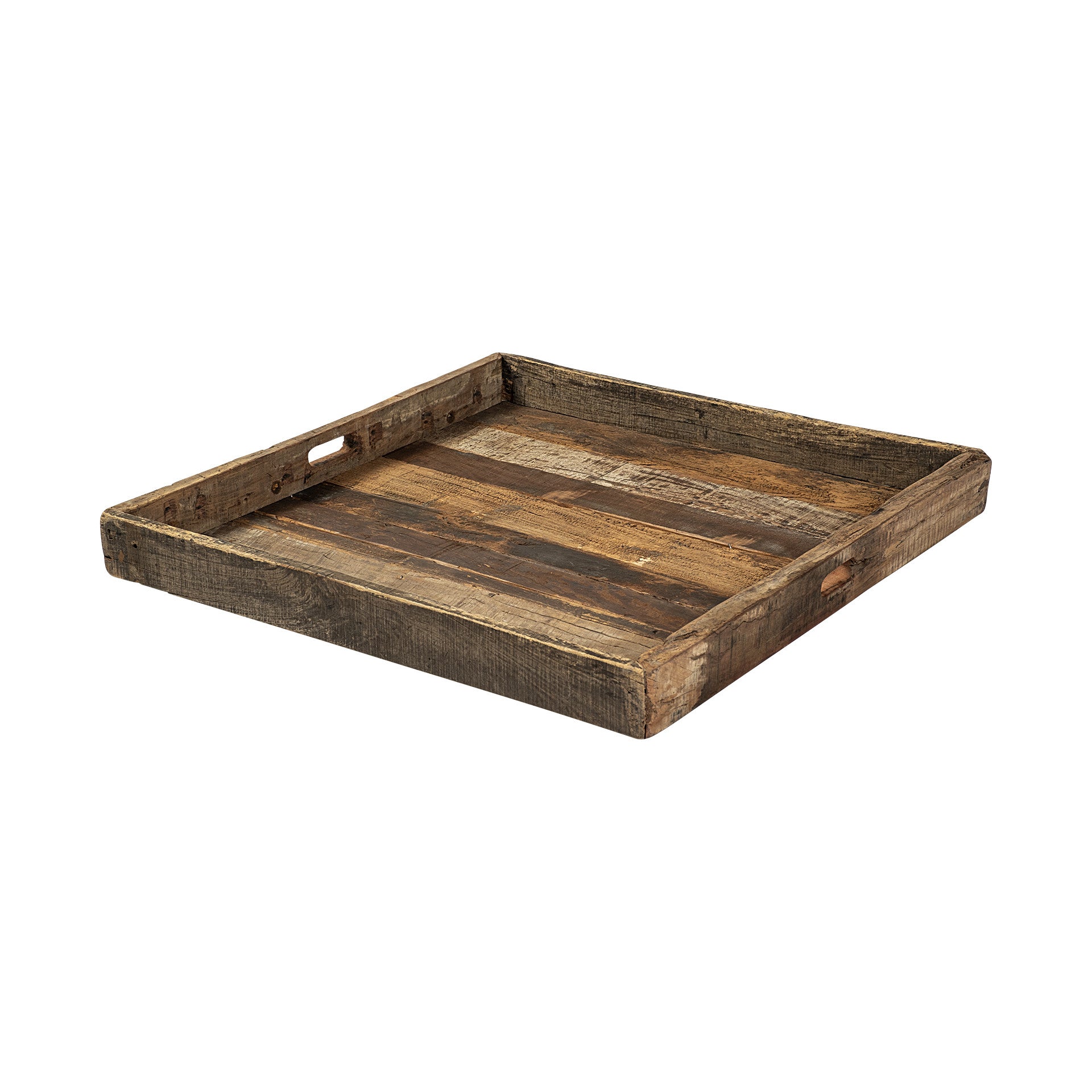 30" Brown Square Reclaimed Wood Serving Tray With Handles-1