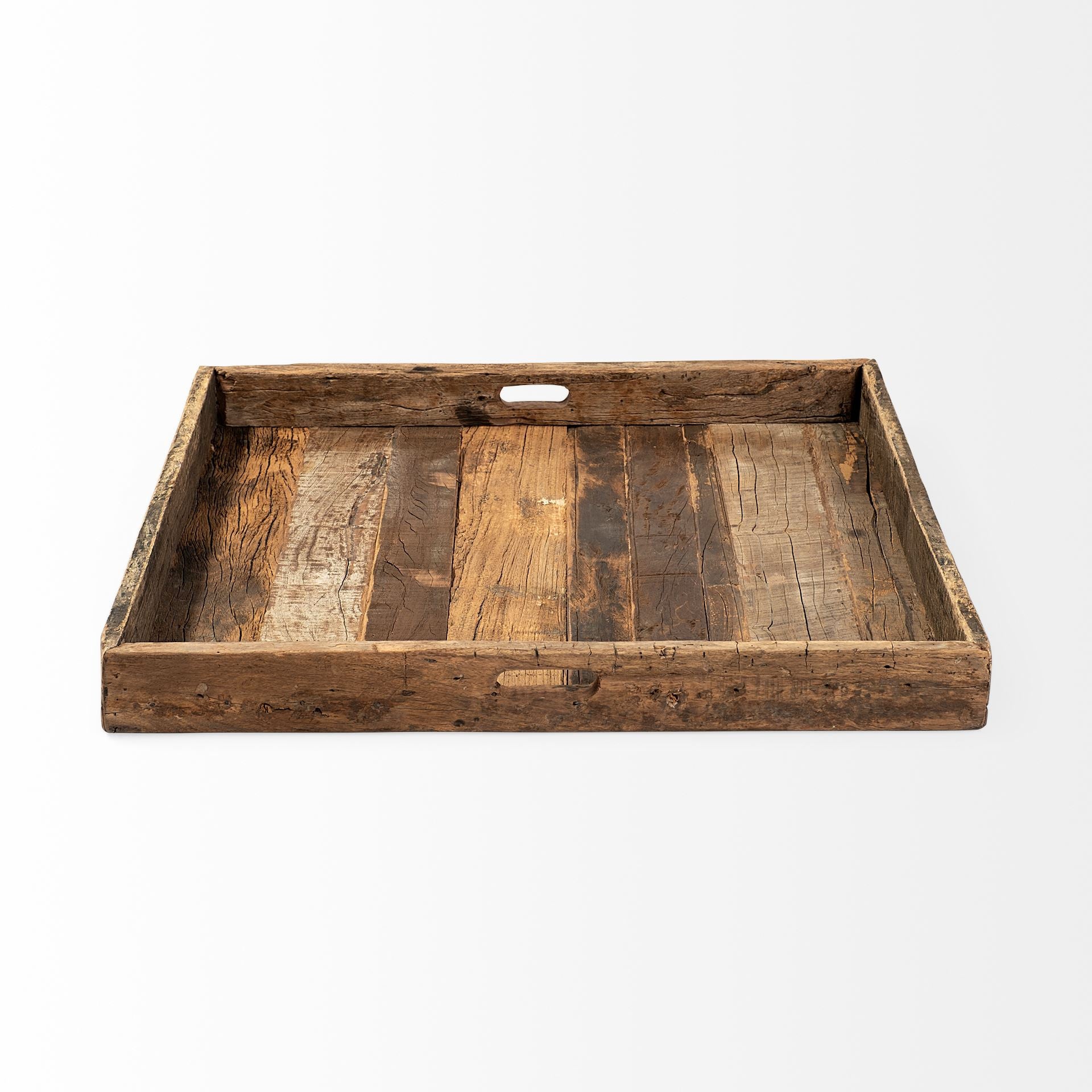 30" Brown Square Reclaimed Wood Serving Tray With Handles-2