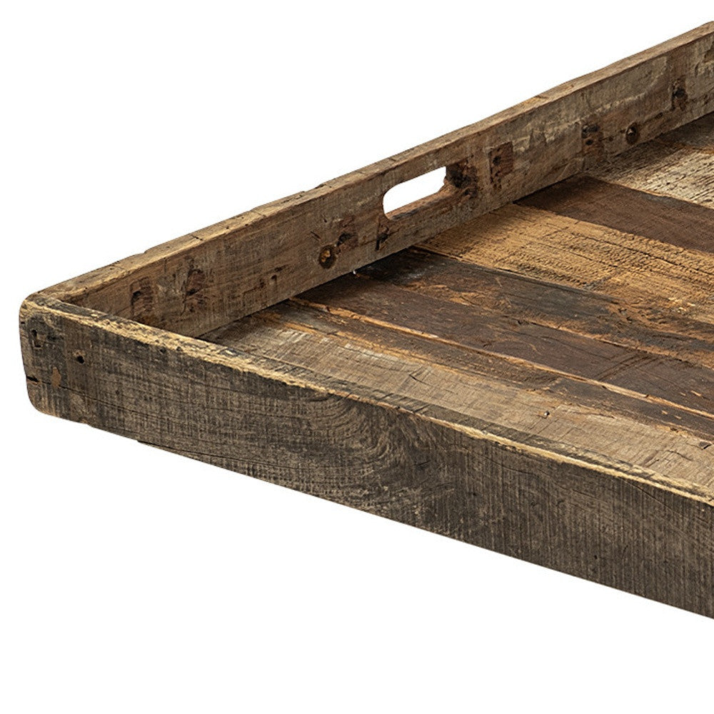 30" Brown Square Reclaimed Wood Serving Tray With Handles-4