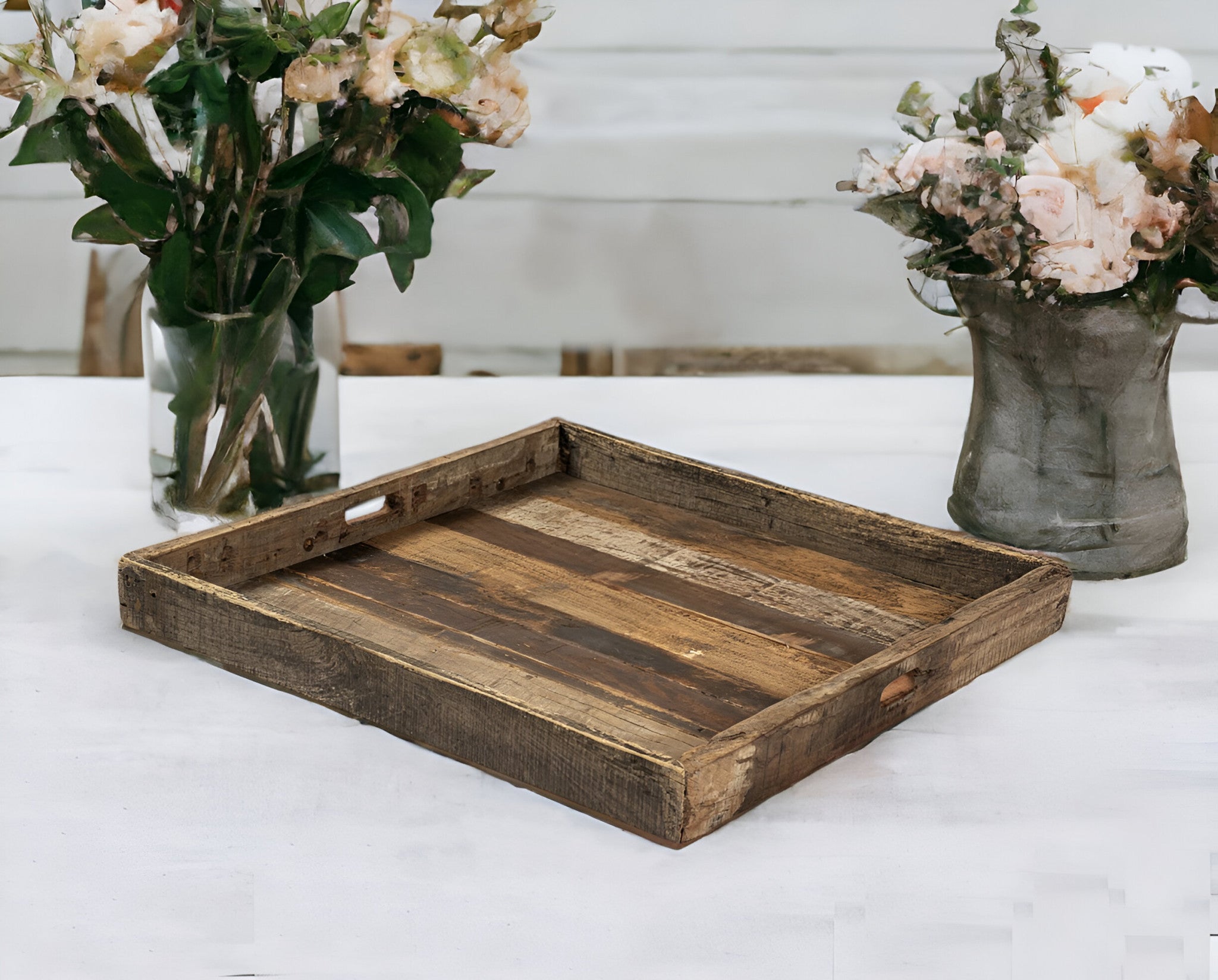 30" Brown Square Reclaimed Wood Serving Tray With Handles-0