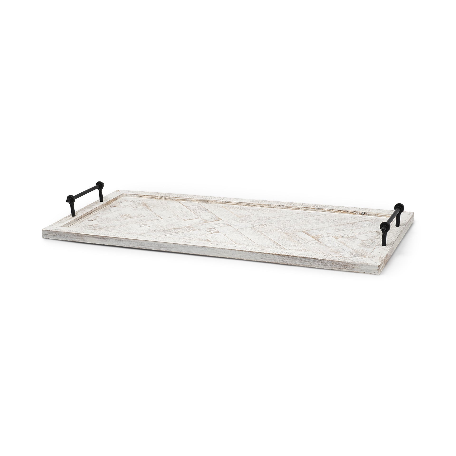 Whitewashed Tone Wood With Herringbone Pattern With Metal Raised Edges Tray-0