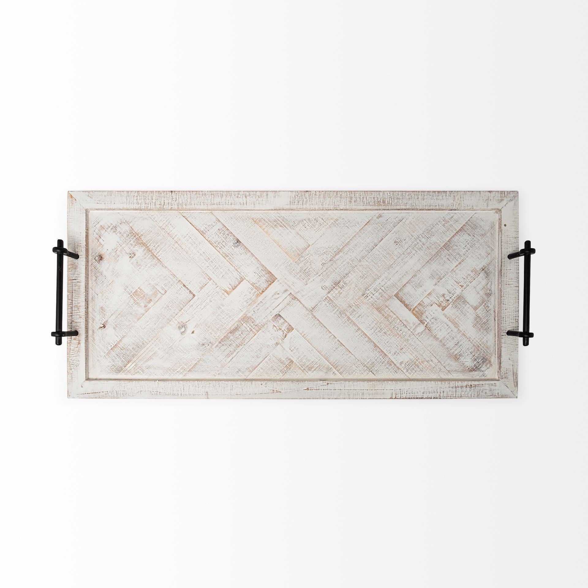 Whitewashed Tone Wood With Herringbone Pattern With Metal Raised Edges Tray-2