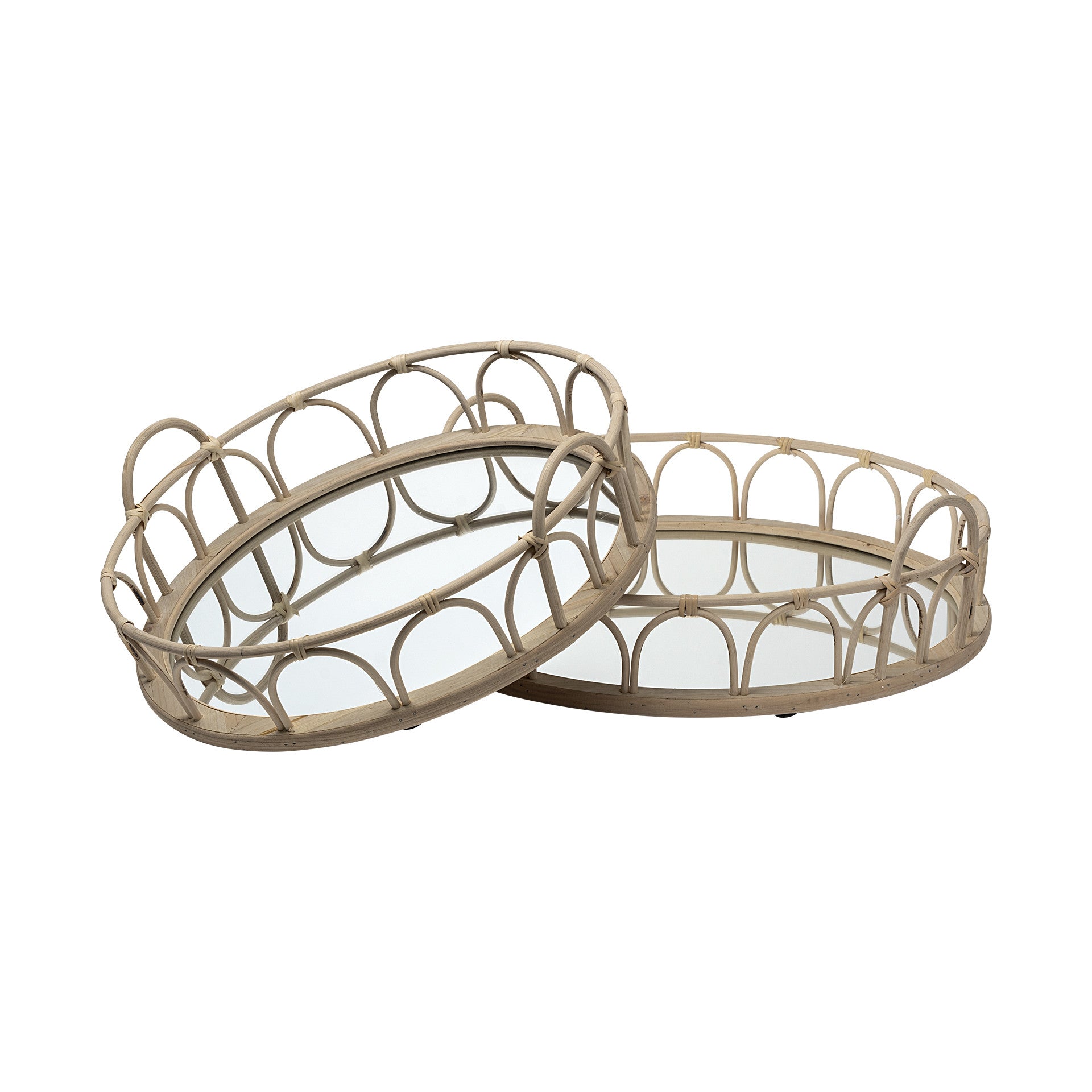 Set Of 2 20" Natural Blonde Wood With Intricately Railings And Mirrored Glass Bottom Round Tray-0