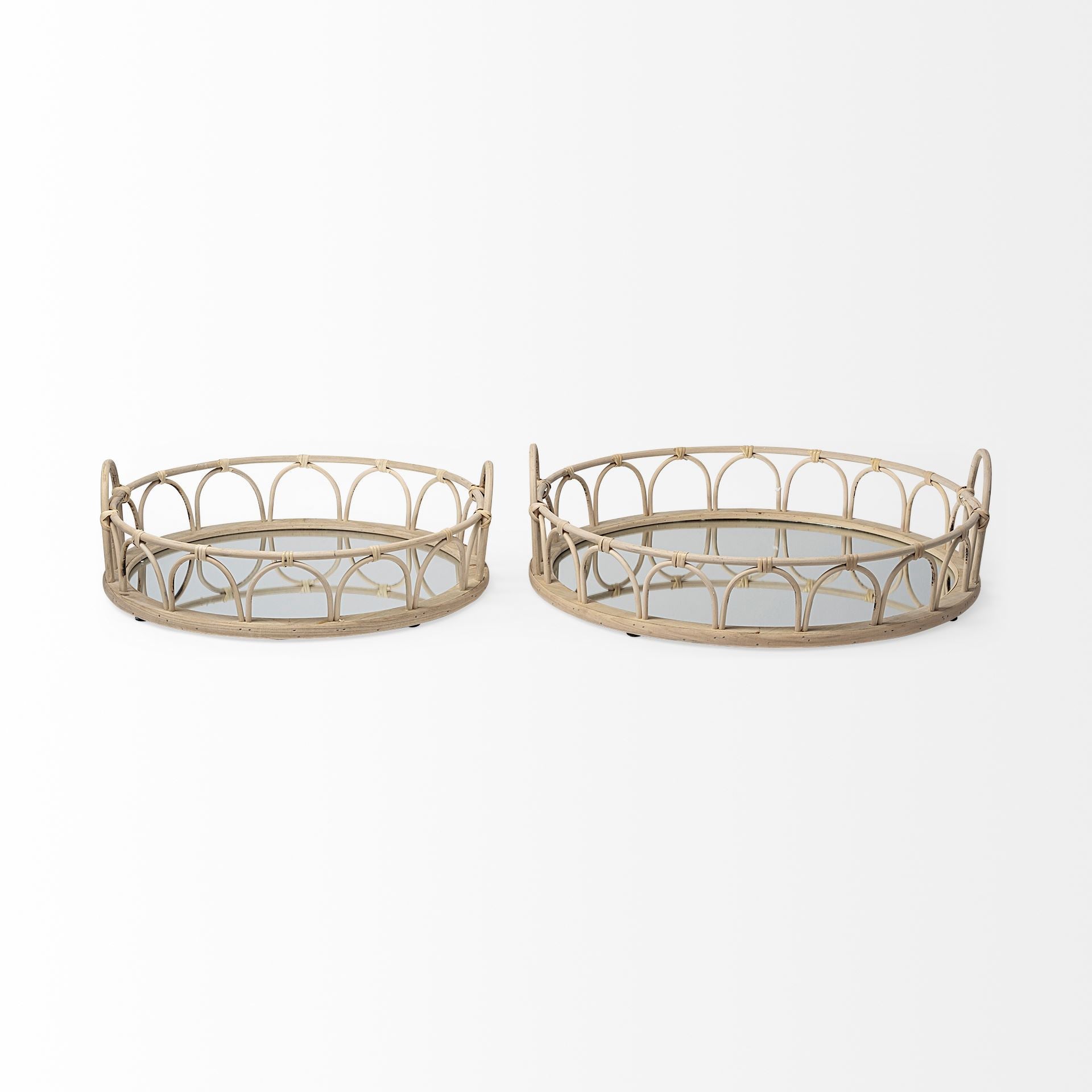 Set Of 2 20" Natural Blonde Wood With Intricately Railings And Mirrored Glass Bottom Round Tray-1