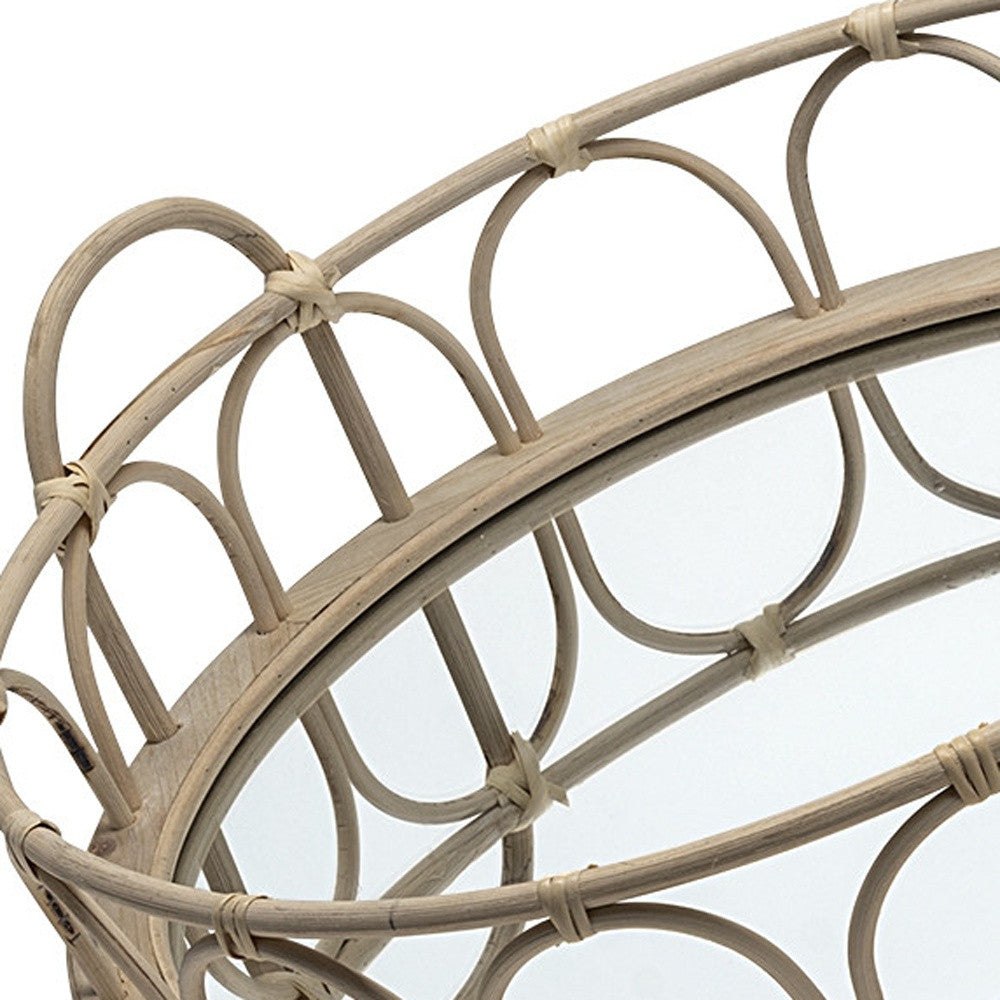 Set Of 2 20" Natural Blonde Wood With Intricately Railings And Mirrored Glass Bottom Round Tray-3