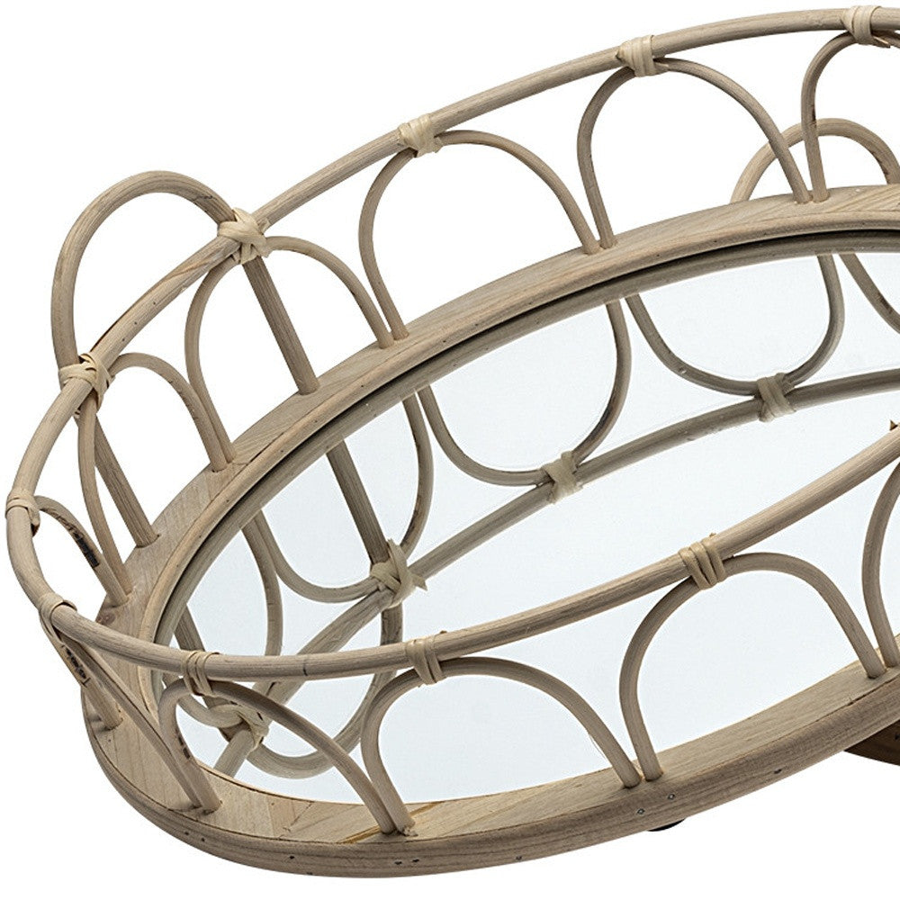 Set Of 2 20" Natural Blonde Wood With Intricately Railings And Mirrored Glass Bottom Round Tray-4