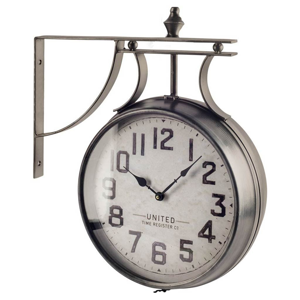 19" Large Round Industrial styleWall Clock w  Two Clock Faces Silver Frame-0