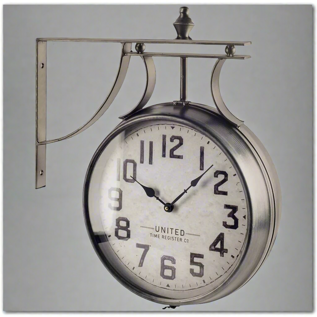 19" Large Round Industrial Style Wall Clock with Dual Faces and Silver Frame