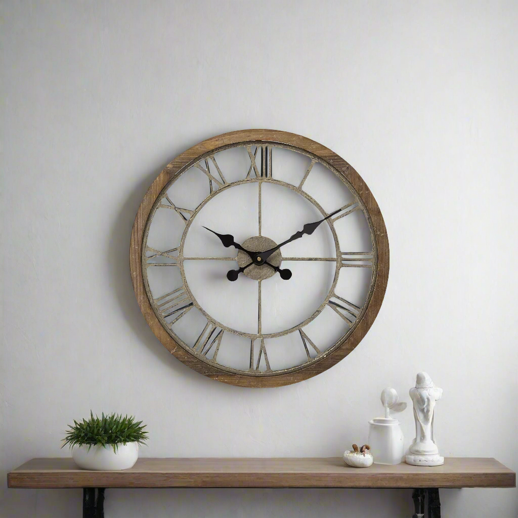 19" Whitewash Brown Round Modern Farm Wall Clock