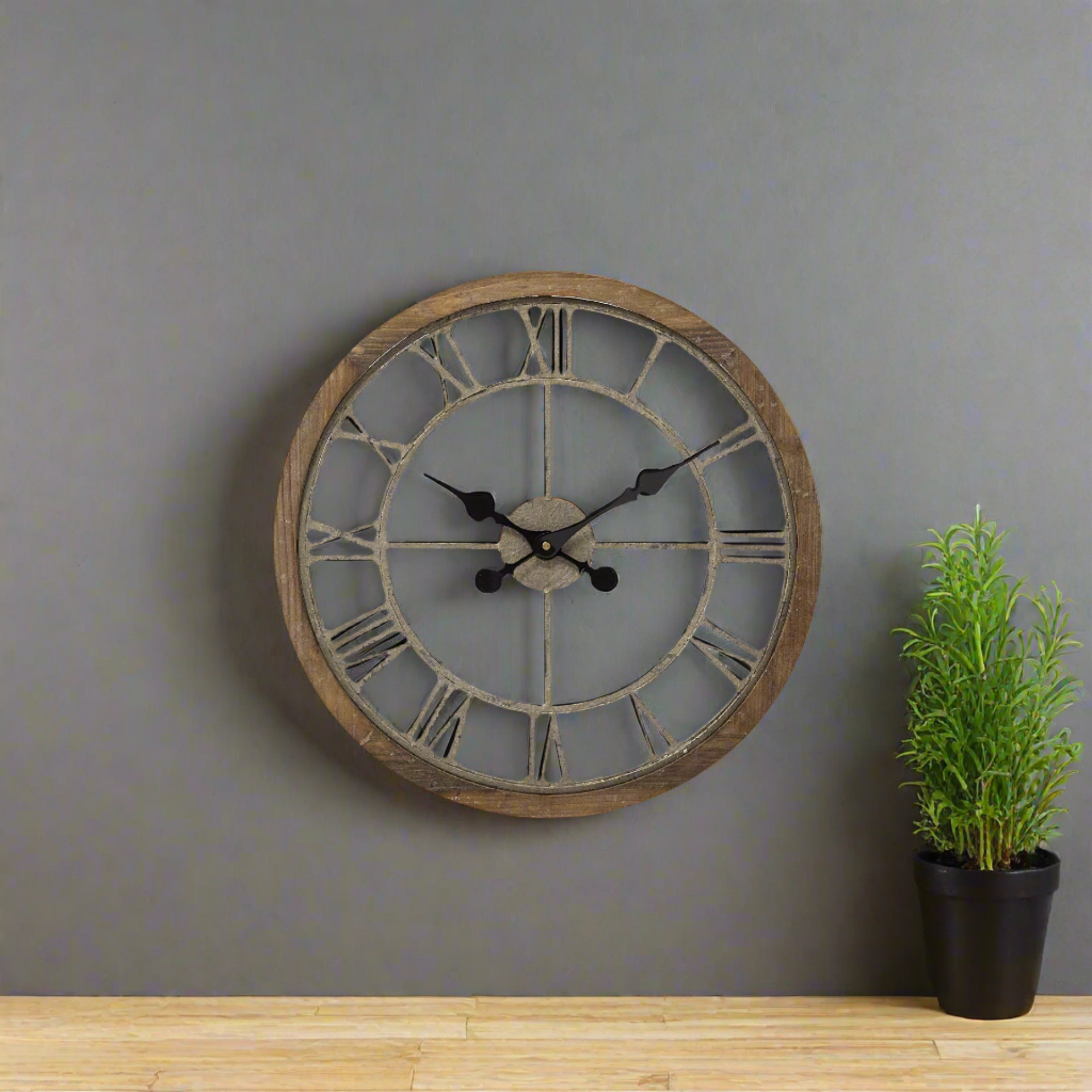 19" Whitewash Brown Round Modern Farm Wall Clock Media 5 of 5