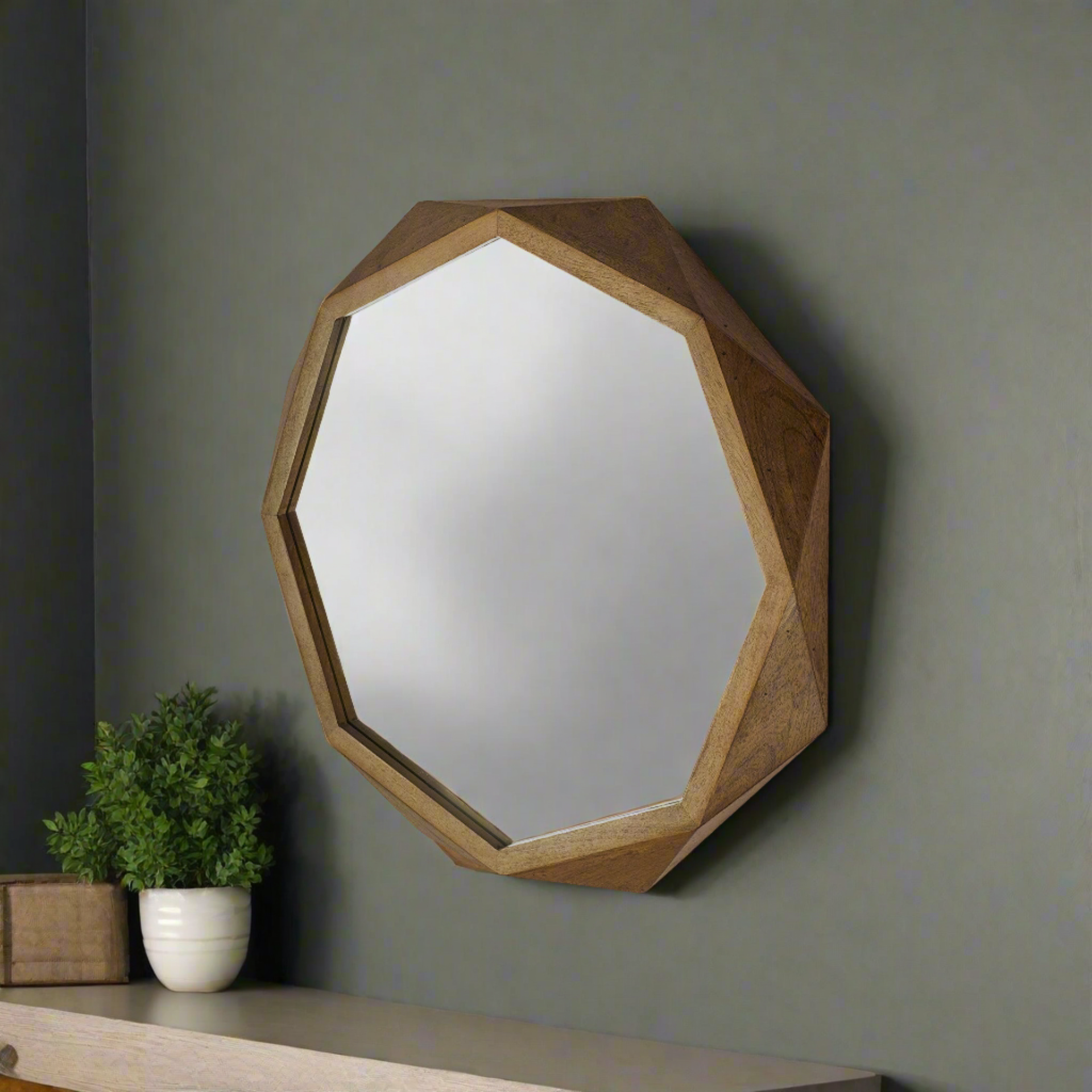 32" Octagon Wooden Frame Wall Mirror