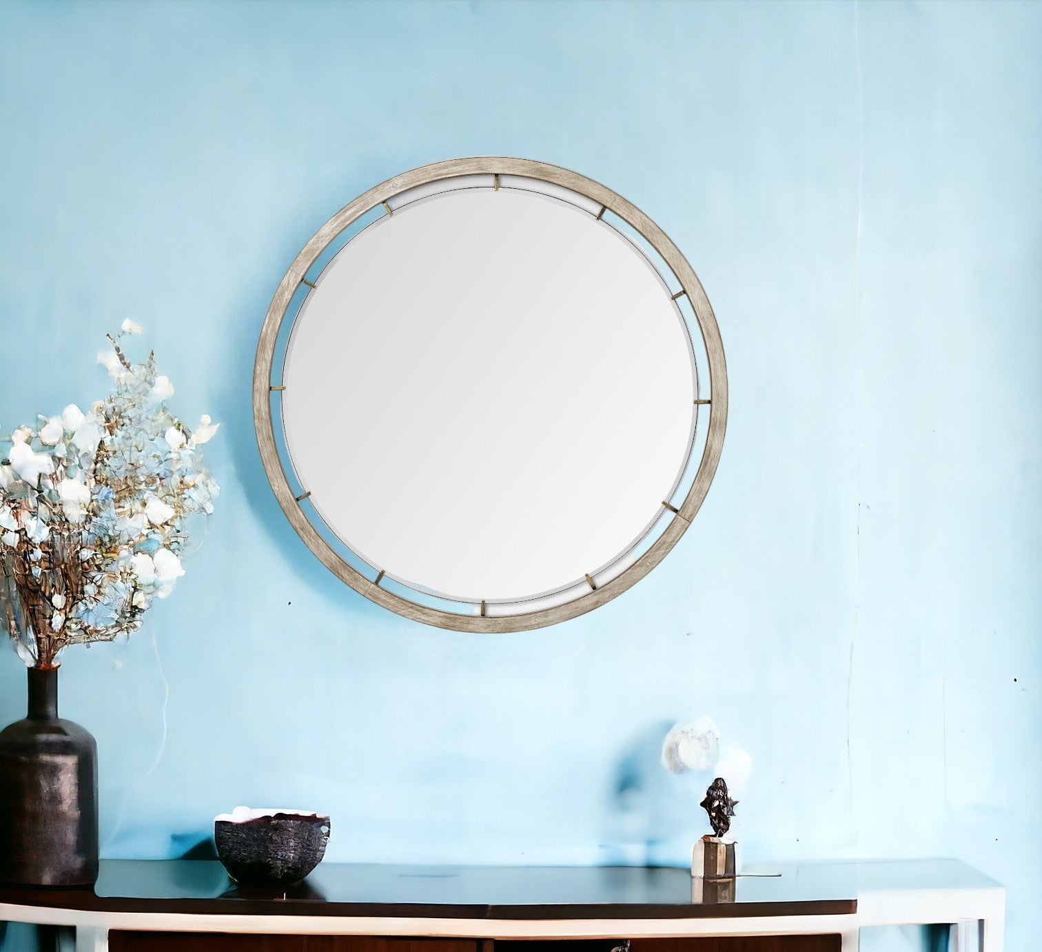 54" Brown Wood and Metal Round Framed Accent Mirror-0