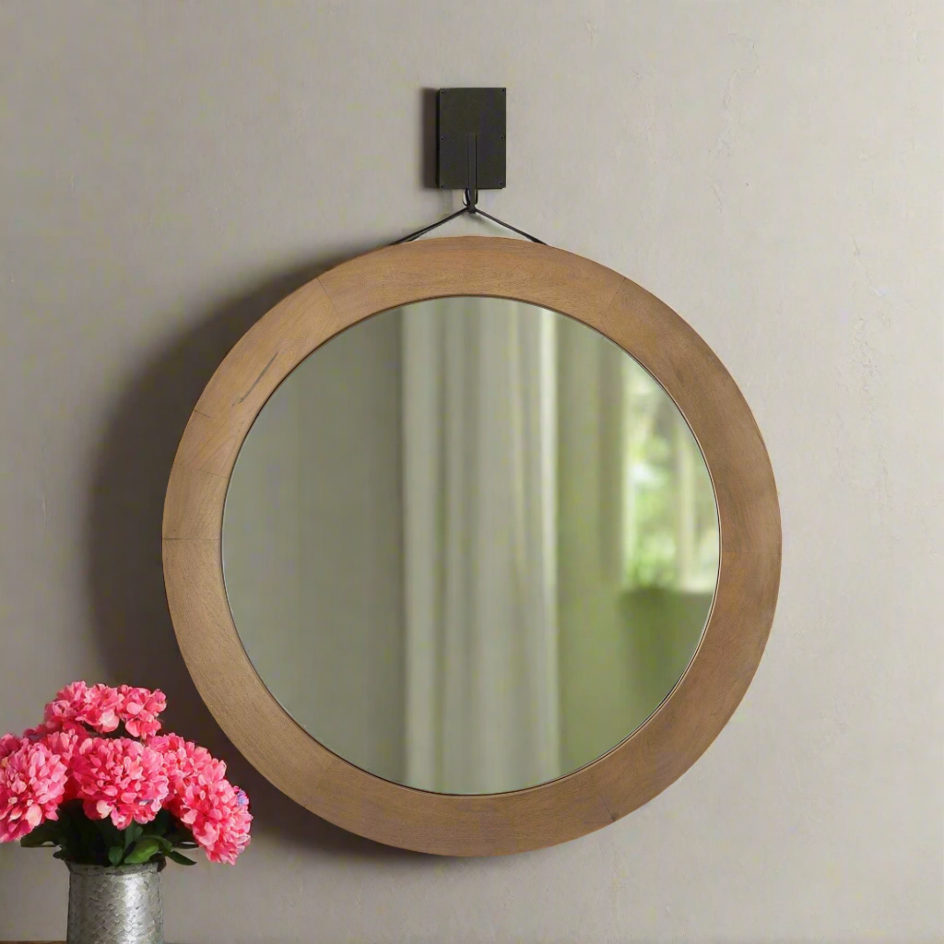 43.5" Round Brown Wood Frame Wall Mirror