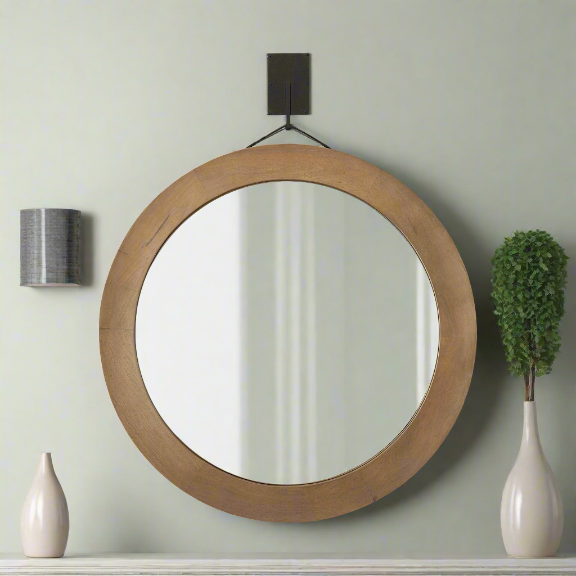 43.5" Round Brown Wood Frame Wall Mirror