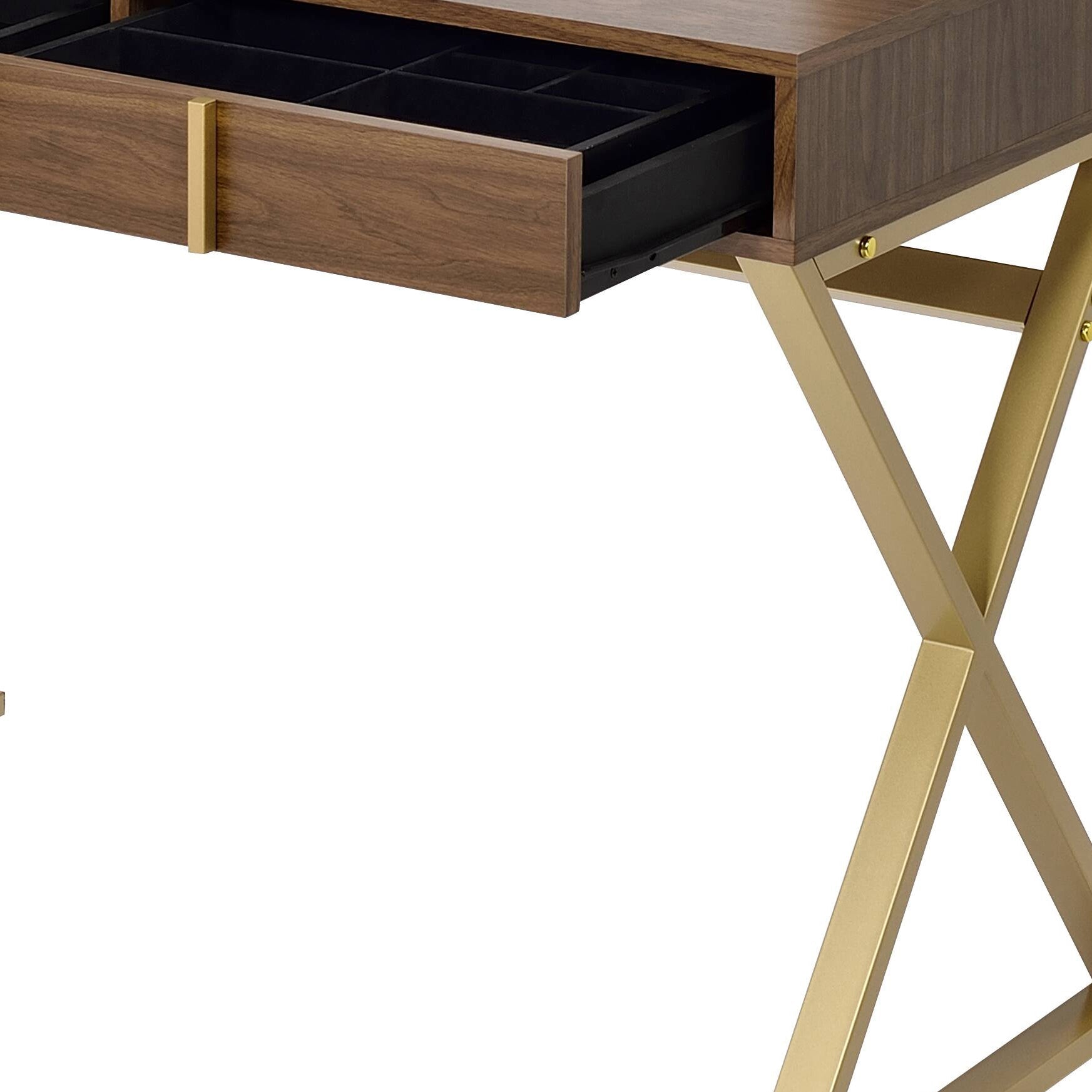 Coleen Walnut & Gold Finish Vanity Desk with Mirror & Jewelry Tray