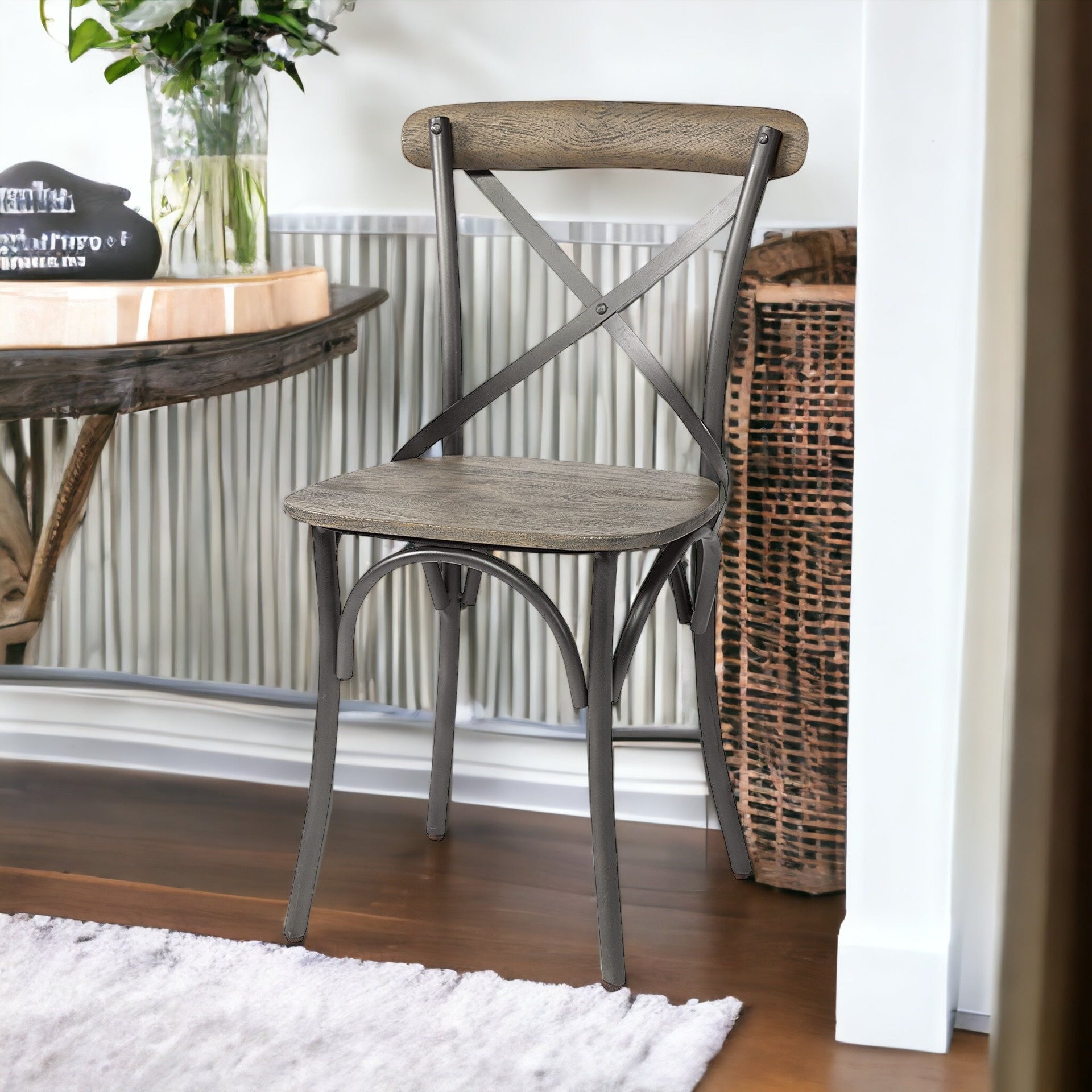 Set Of Two Brown And Gray Wood Cross Back Side Chairs-5