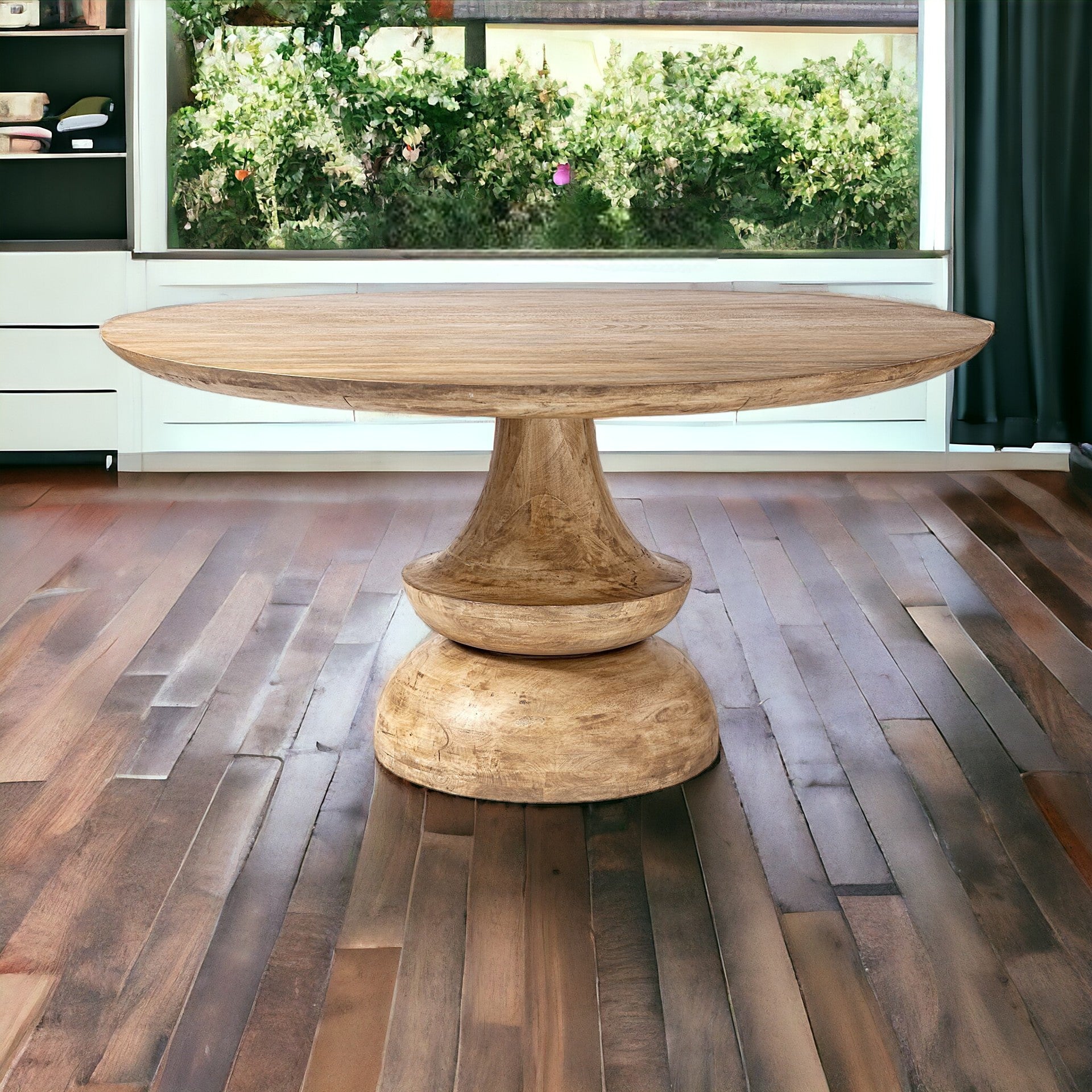 60" Natural Rounded Solid Wood Pedestal Base Dining Table-1