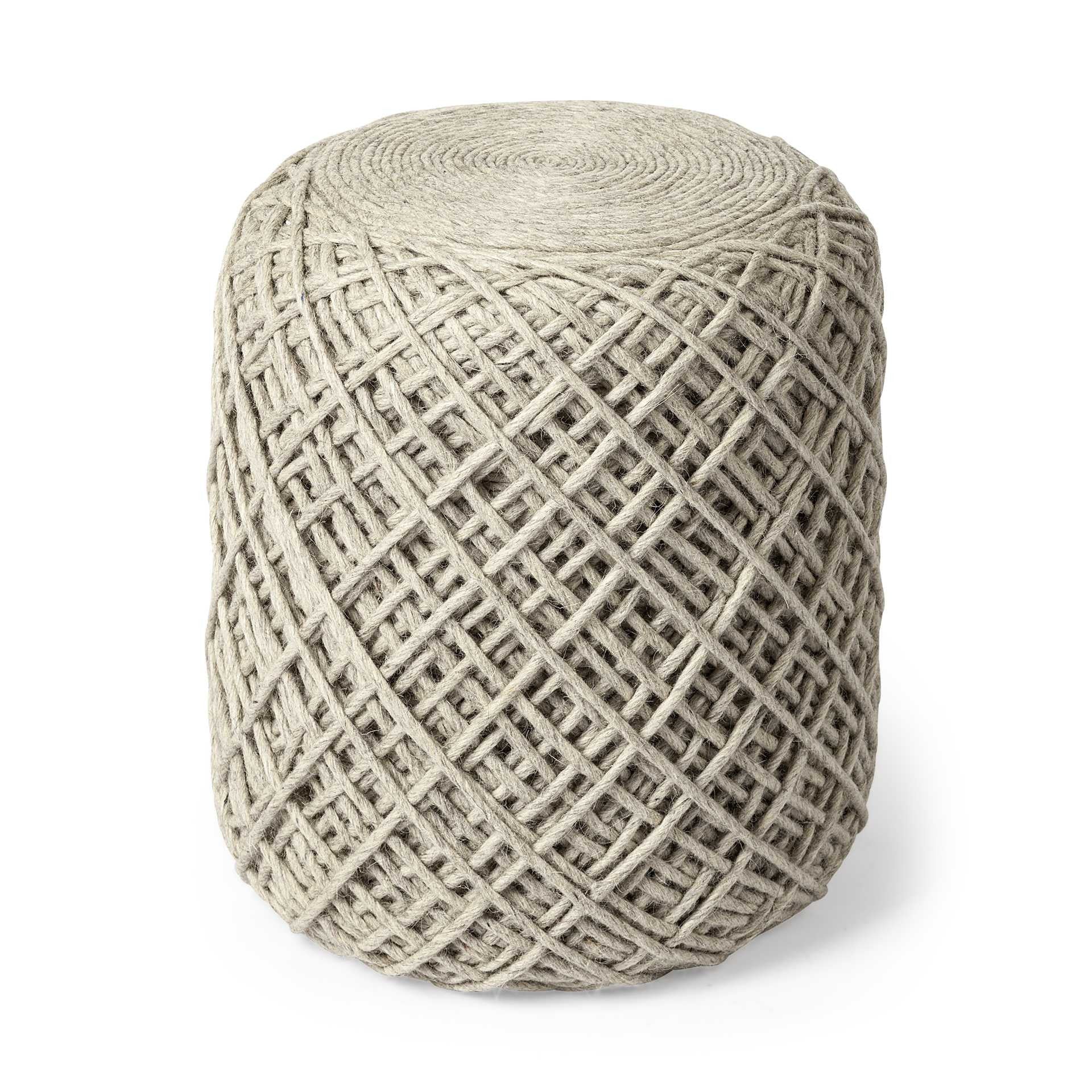 Oatmeal Wool Cylindrical Pouf With Diamond Pattern-0