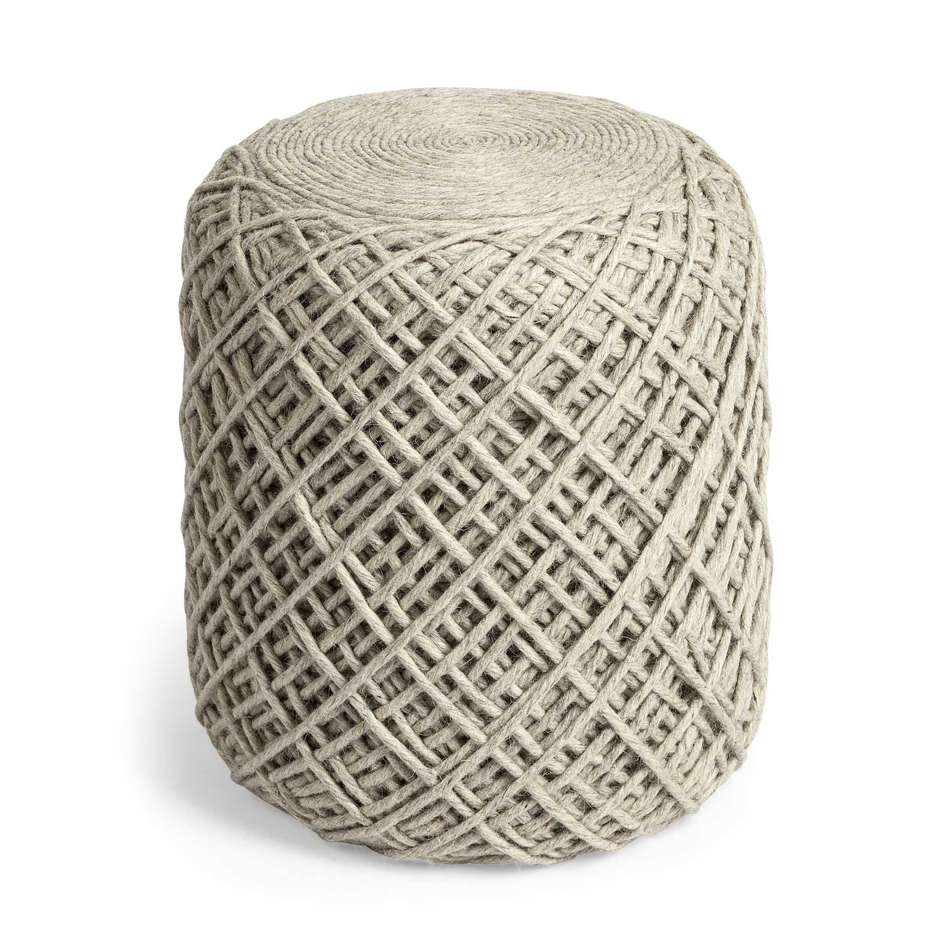 Oatmeal Wool Cylindrical Pouf With Diamond Pattern-2