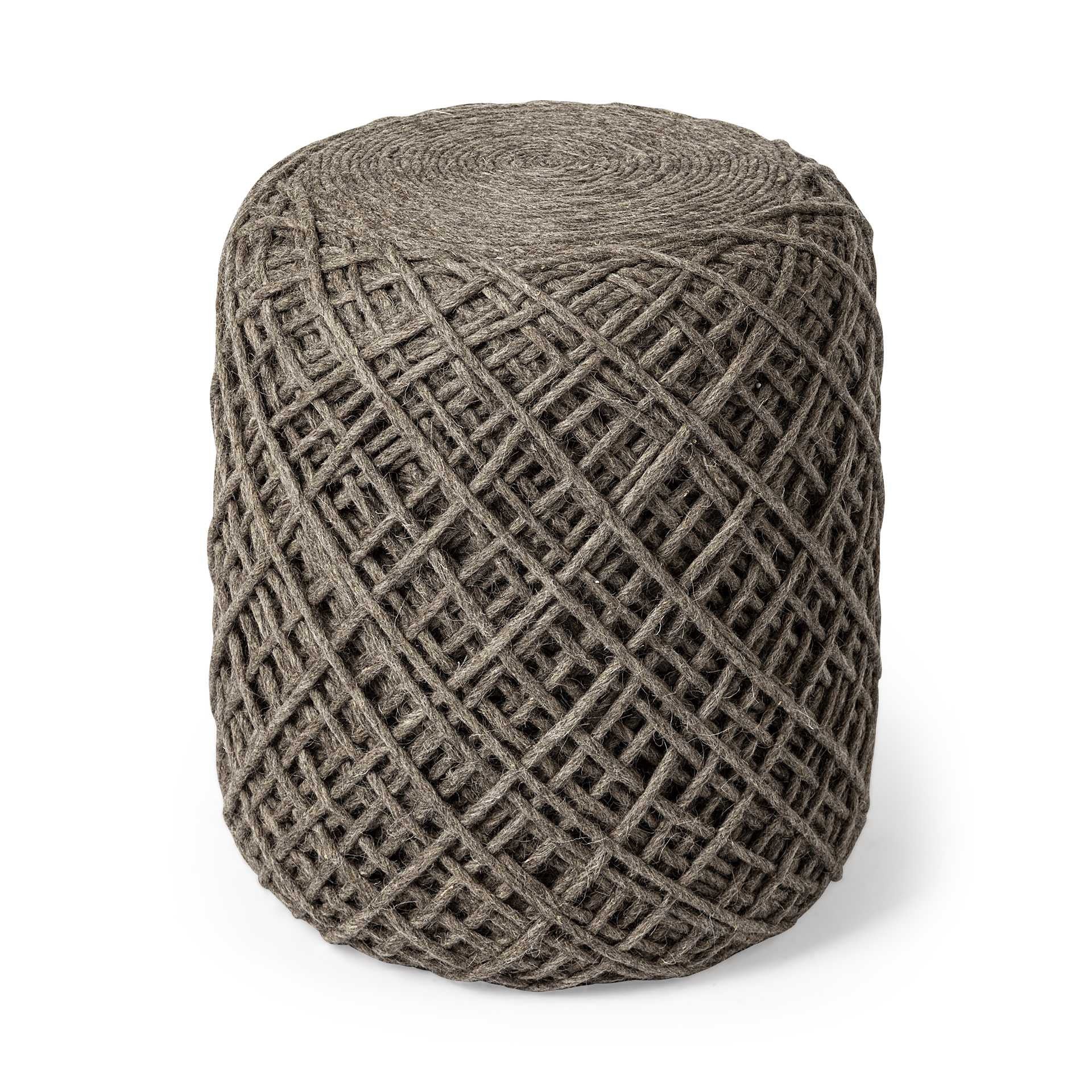 Brown Wool Cylindrical Pouf With Diamond Pattern-0