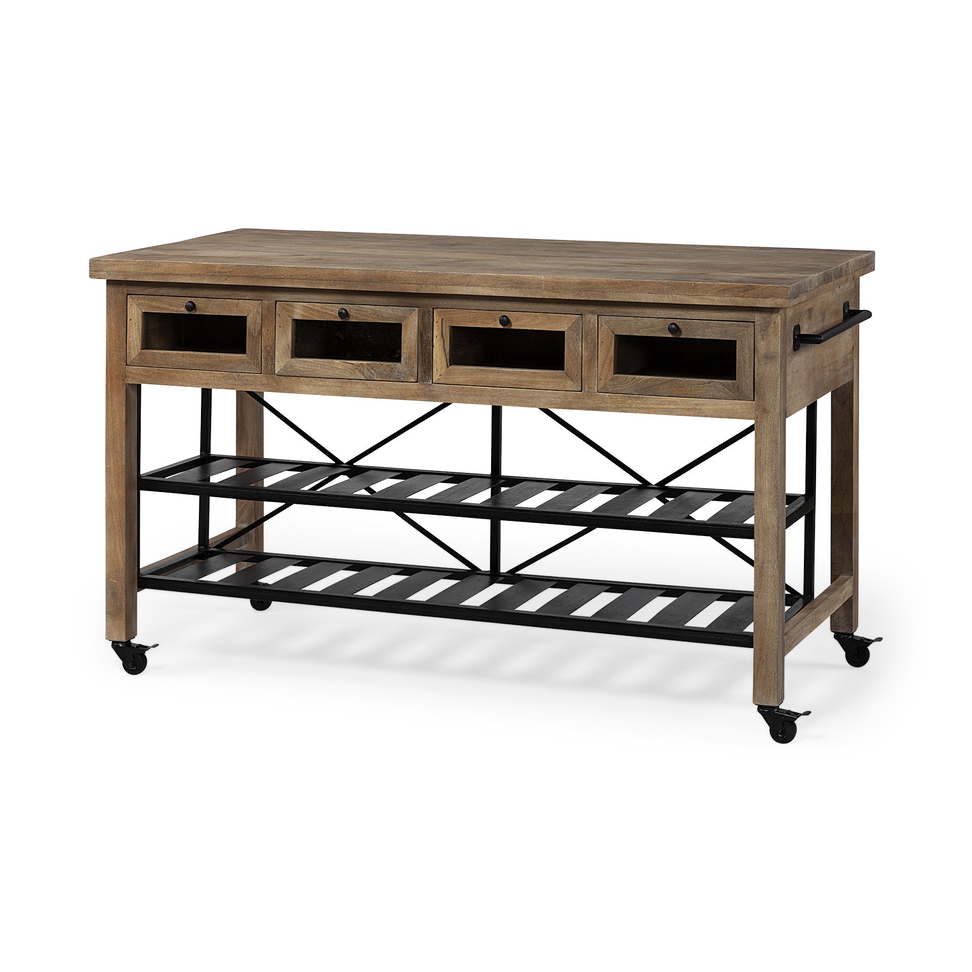 Brown Solid Wood Top Kitchen Island With Two Tier Black Metal Rolling-0