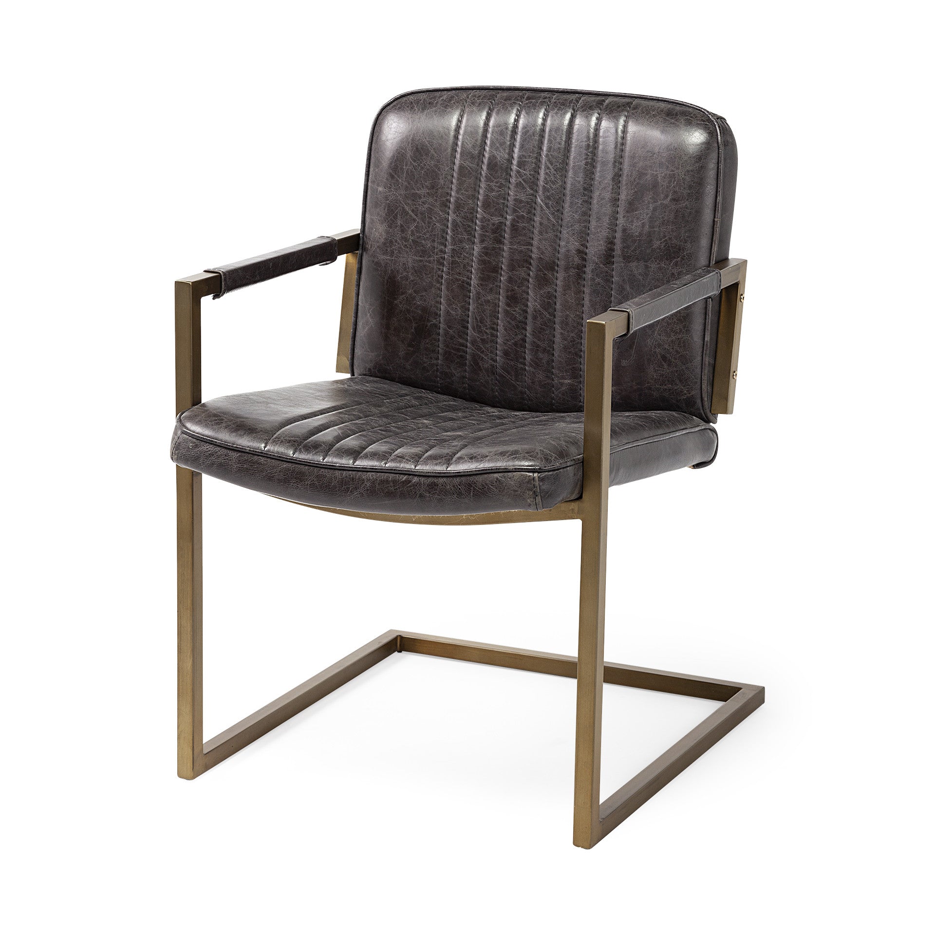 Black Leather Seat Accent Chair With Brass Frame-0