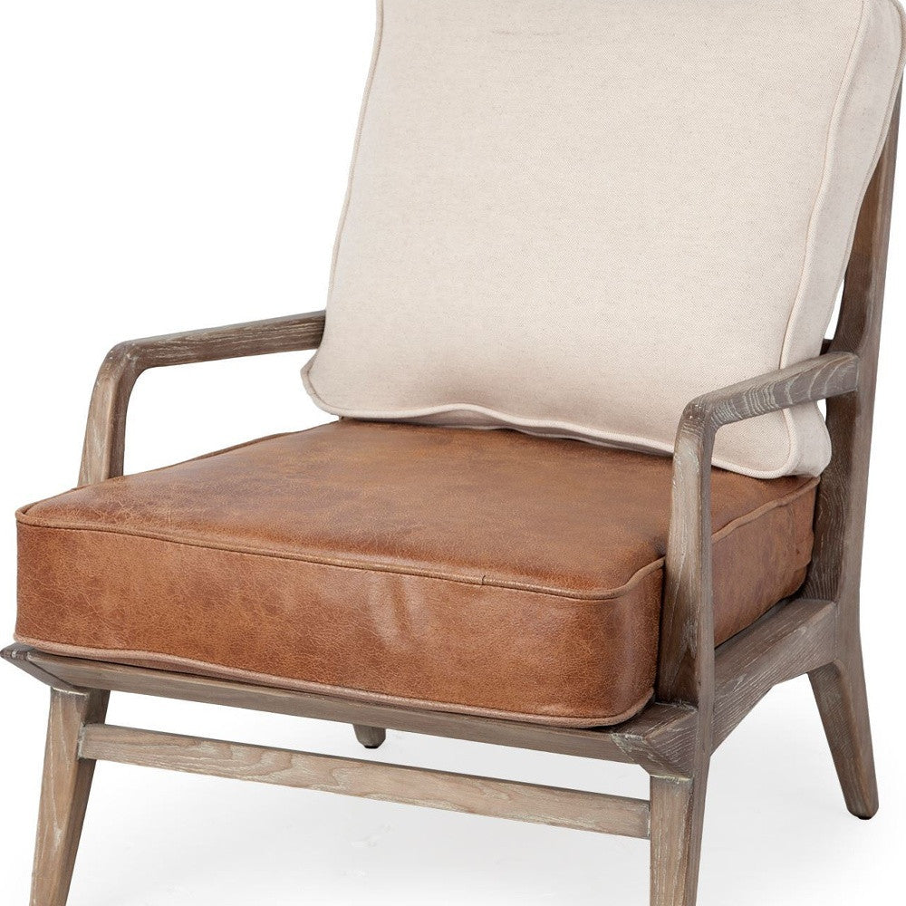 24" Beige and Brown And Brown Leather Arm Chair-7