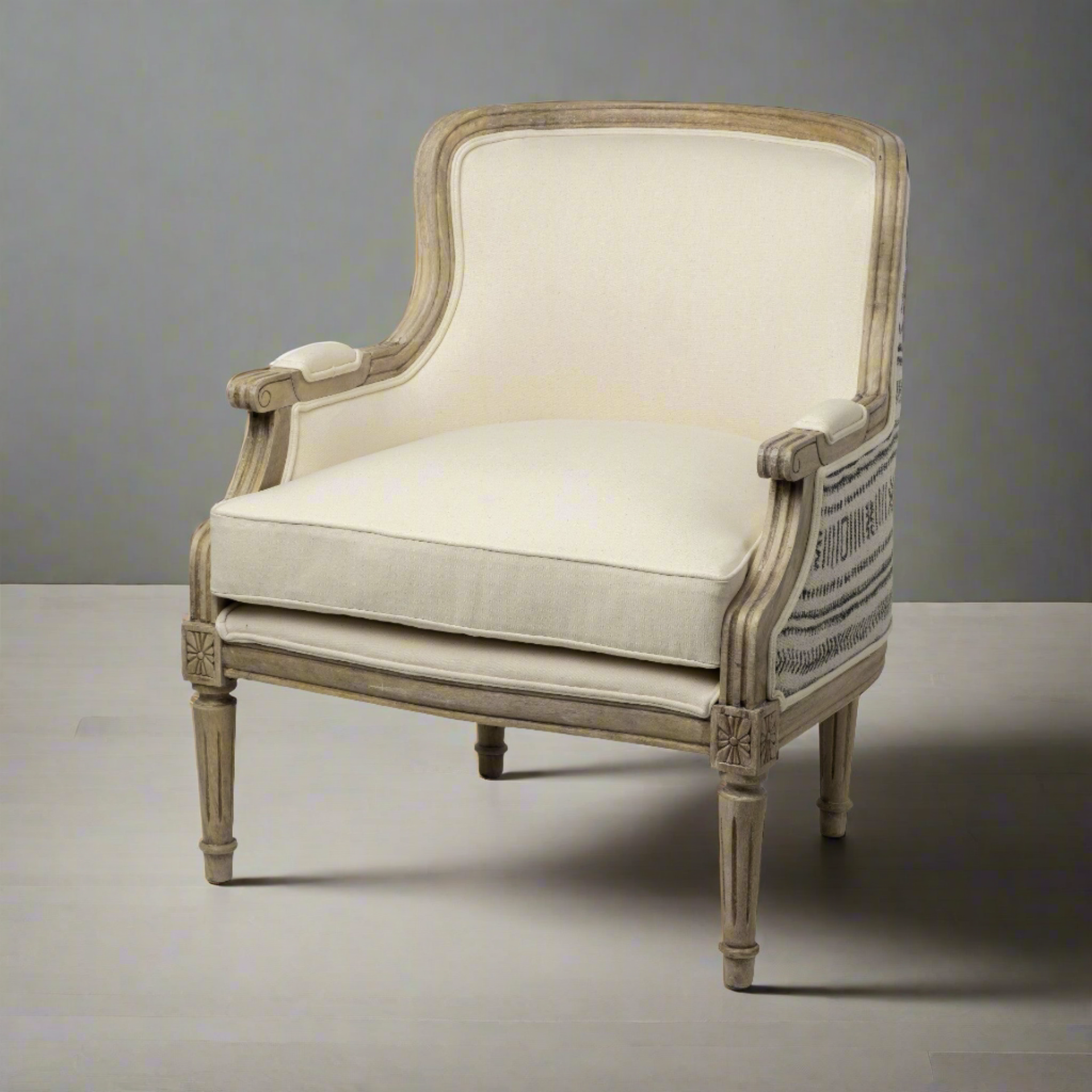 Elizabeth Cream Fabric Seat Accent Chair with Wooden Base Detailed Back