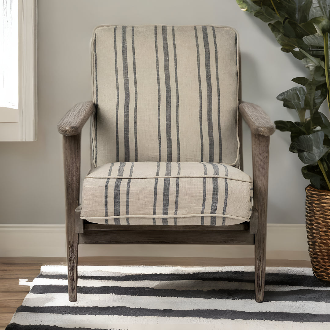 Striped Light Brown Fabric Wrapped Accent Chair With Wooden Frame-1