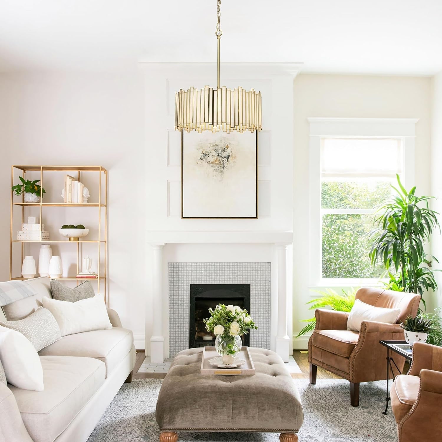 Gold Drum Chandelier Pendant Fixture Tiffany Glass-2