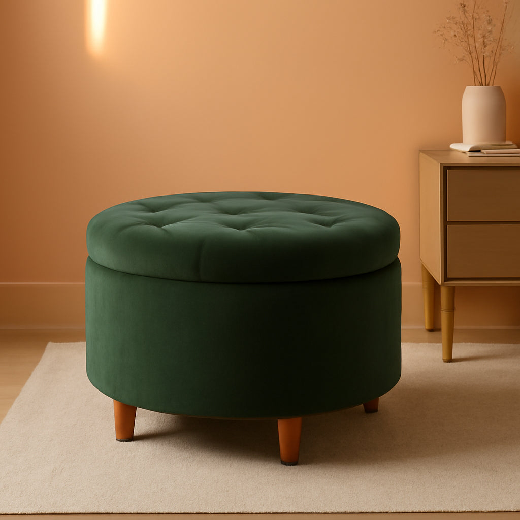 Handcrafted Loden Green Velvet Storage Ottoman 28In