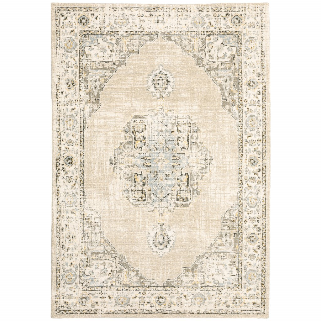 9' X 12' Beige And Ivory Center Jewel Area Rug-1