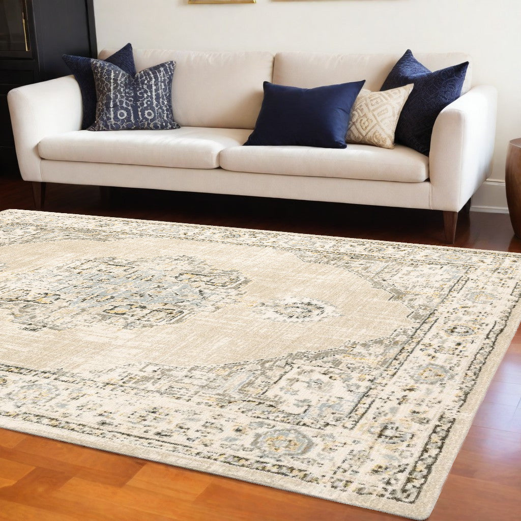 9' X 12' Beige And Ivory Center Jewel Area Rug-0