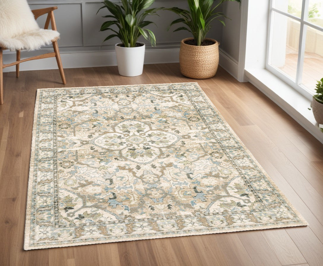 4' X 6' Beige And Ivory Medallion Area Rug-0