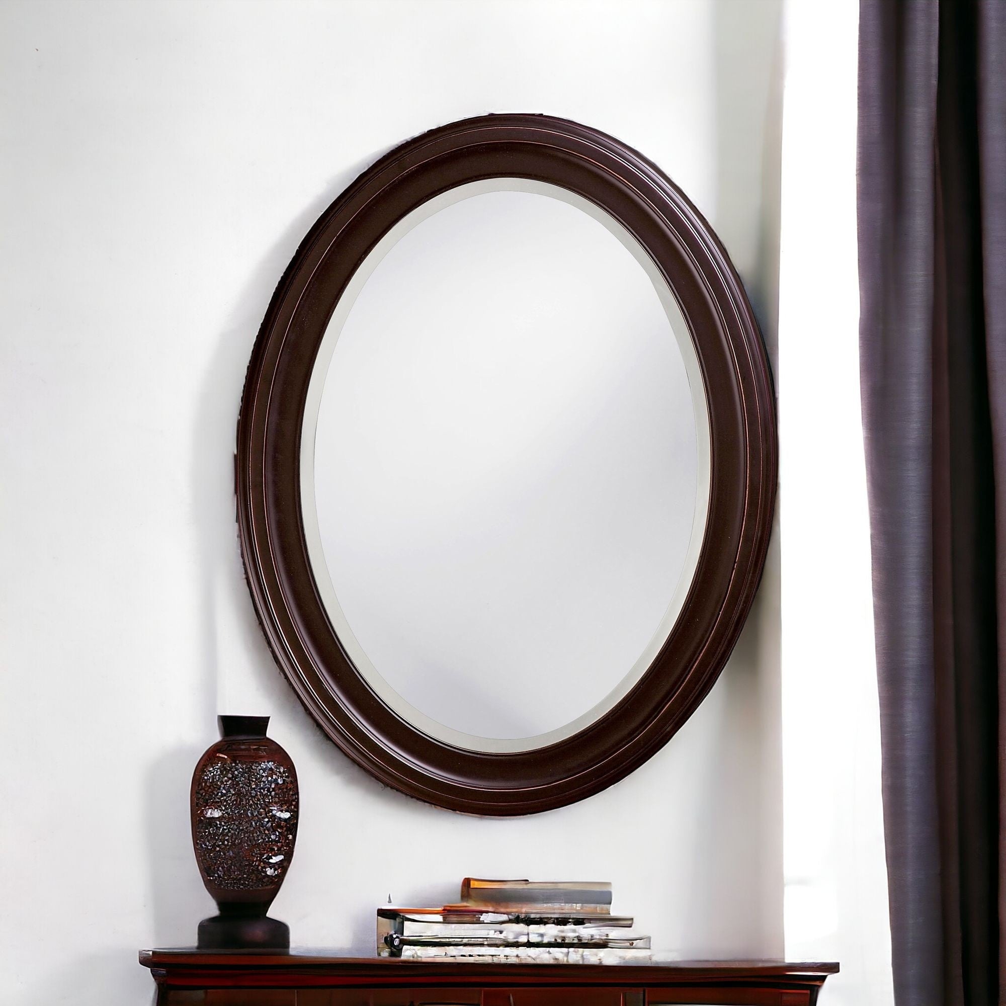 Oval Oil Rubbed Bronze Mirror With Wooden Grooves Frame-1