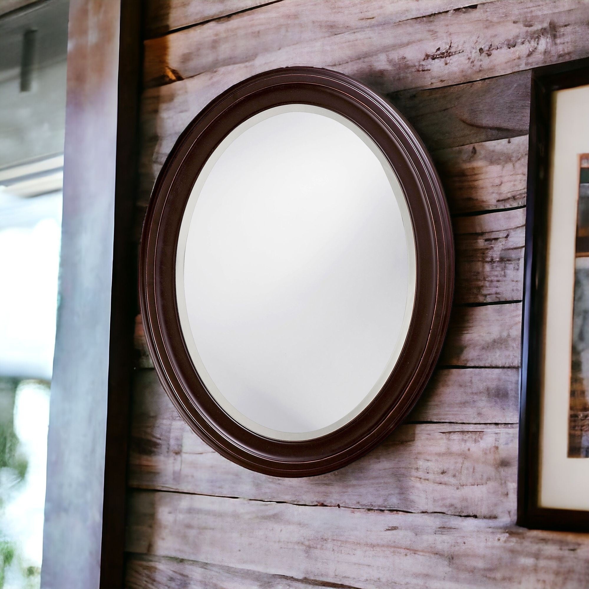 Oval Oil Rubbed Bronze Mirror With Wooden Grooves Frame-8