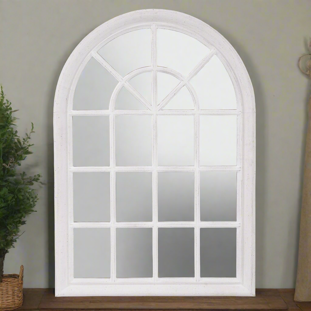 White Washed Mirror with Arched Panel Window Design