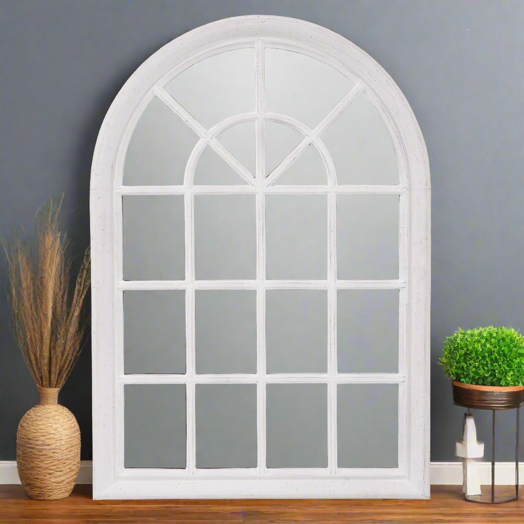 White Washed Mirror with Arched Panel Window Design