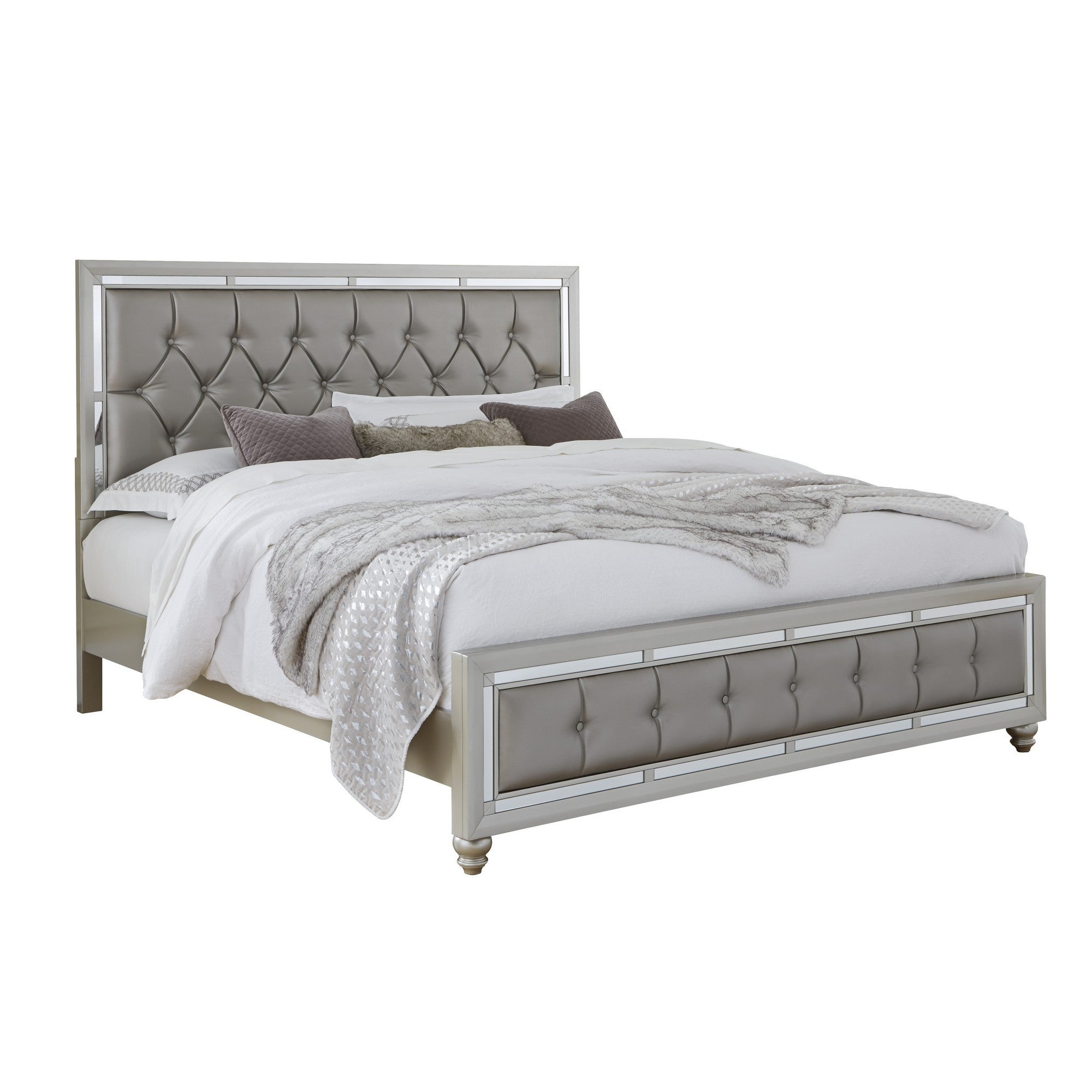 Solid Wood Full Tufted Silver Upholstered Linenno Bed With Nailhead Trim-1