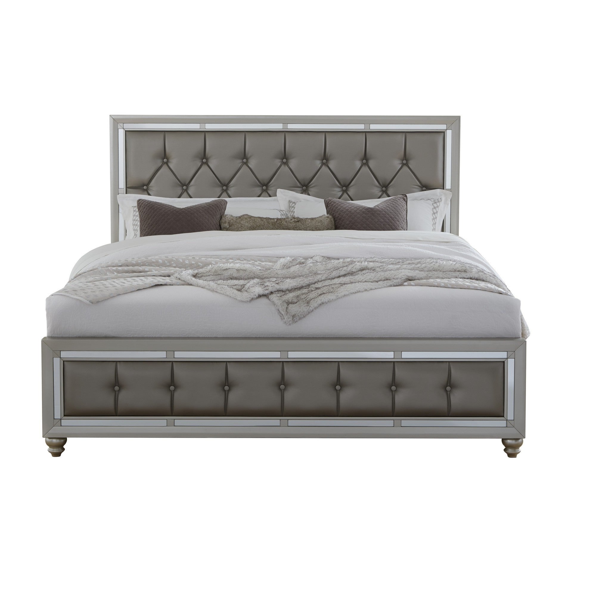 Solid Wood Full Tufted Silver Upholstered Linenno Bed With Nailhead Trim-3