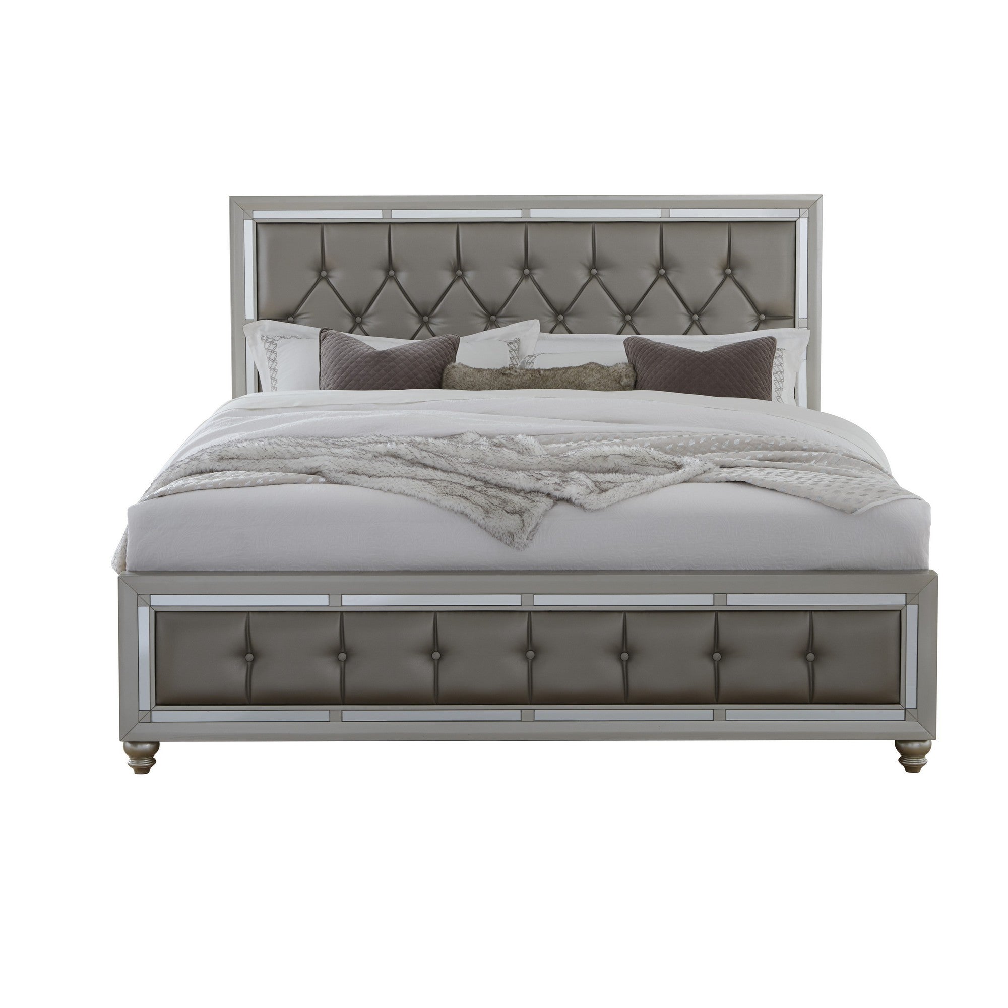 Silver Champagne Tone Queen Bed  Padded Headboard  Padded Footboard  Mirror Trim Accents-0