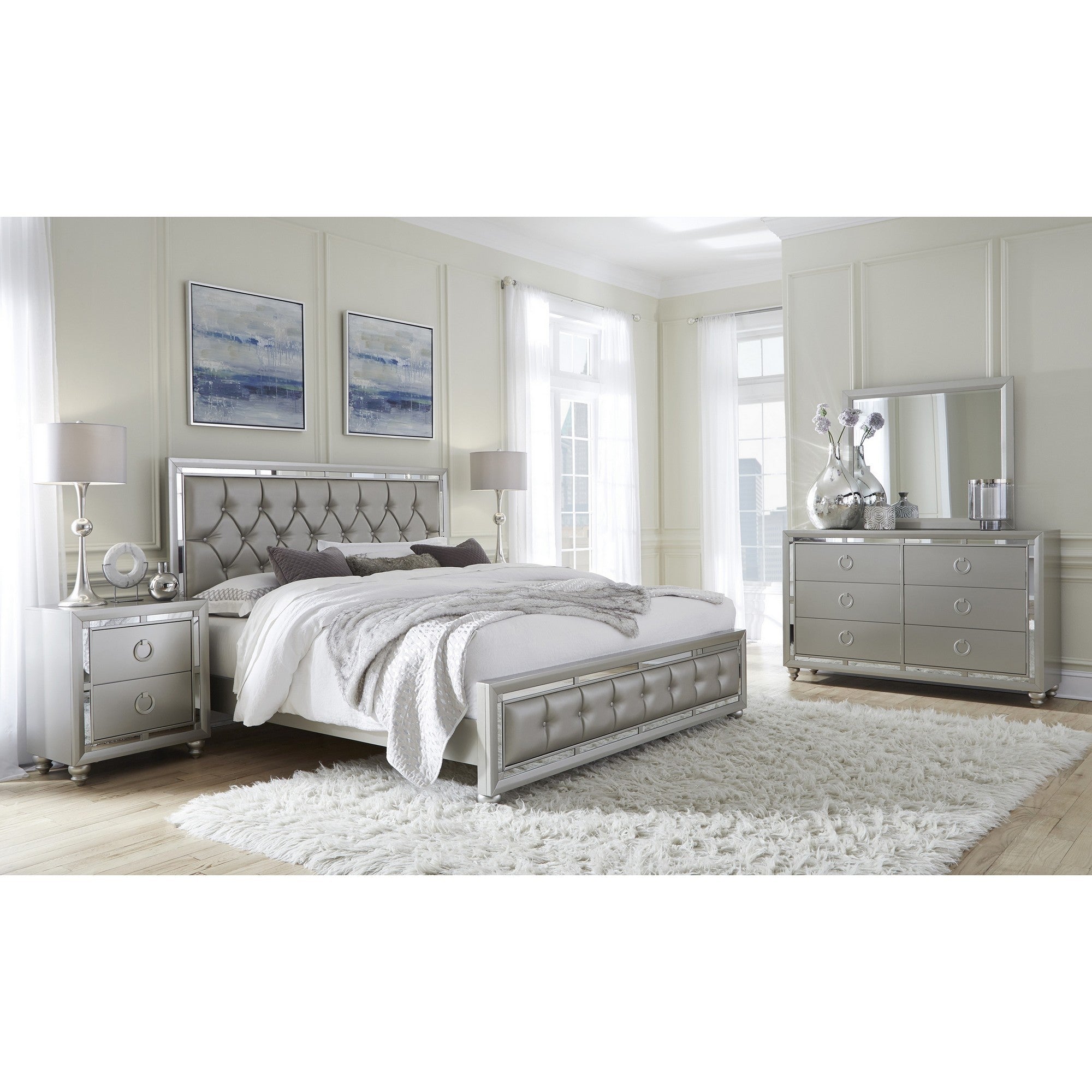 Silver Champagne Tone Queen Bed  Padded Headboard  Padded Footboard  Mirror Trim Accents-4